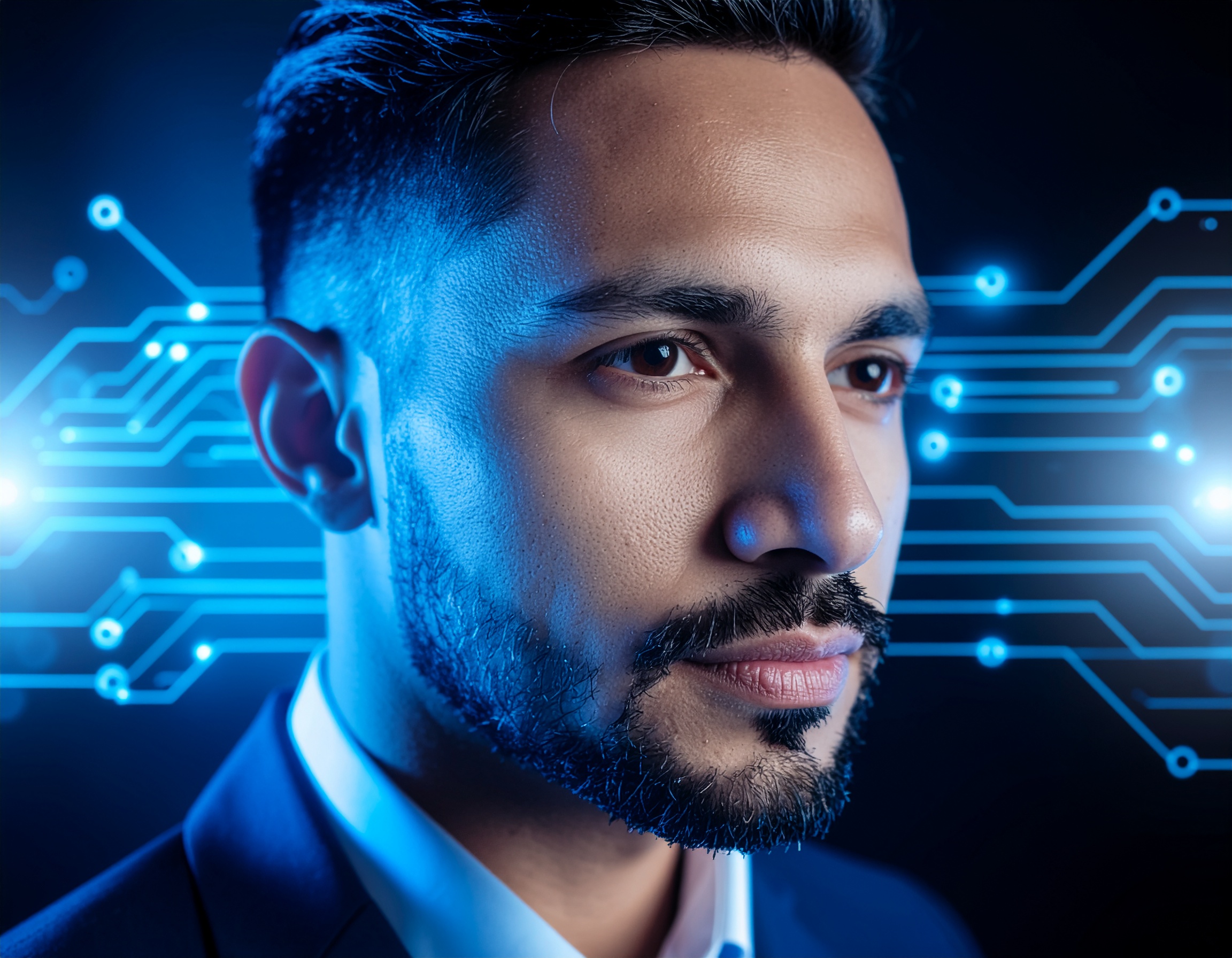 Retrato de um homem em terno, iluminado por luzes azuis futuristas, simbolizando conexão e tecnologia avançada, com um fundo de circuitos digitais brilhantes.