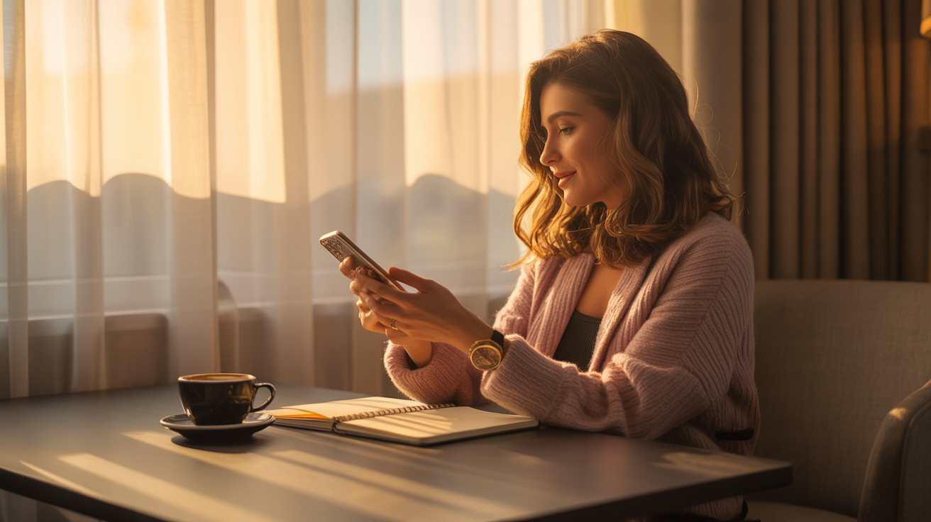 Mulher sentada à mesa apreciando um café enquanto usa o smartphone. Ideal para quem busca momentos de relaxamento e conexão digital. A luz suave da manhã entra pela janela, criando um ambiente acolhedor. Perfeito para uso em campanhas de estilo de vida e tecnologia. A cena transmite conforto e modernidade em um ambiente doméstico.