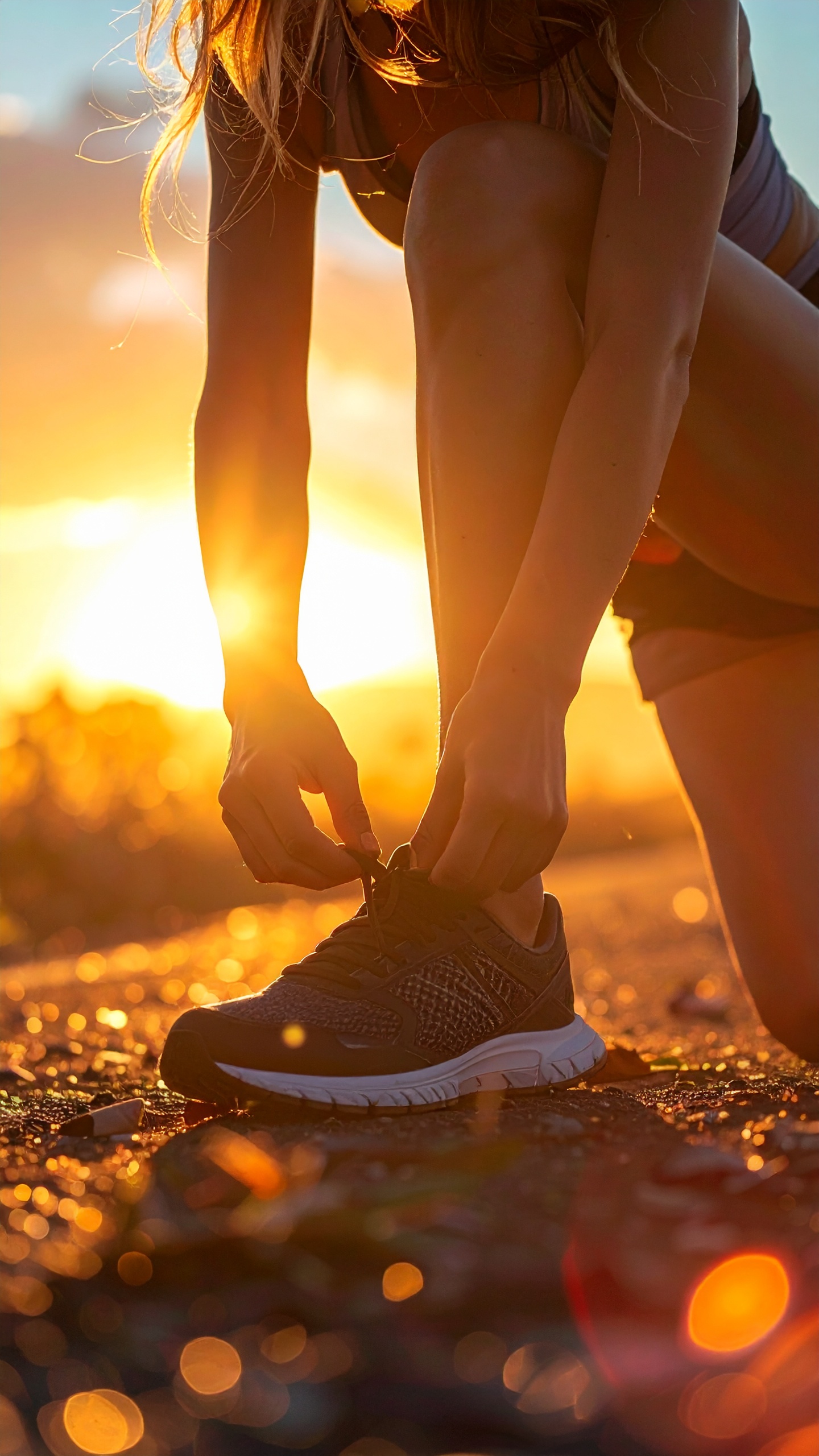 Silhouette of a Person Tying Sneakers at Sunset