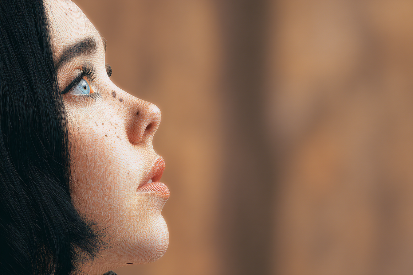 A imagem apresenta um perfil de uma pessoa com pele clara, destacando os detalhes faciais como sardas, lábios rosados e olhos azuis. O fundo é desfocado em tons terrosos, criando um contraste suave com a pele e o cabelo escuro da figura. A iluminação é suave, realçando as texturas da pele e do cabelo.