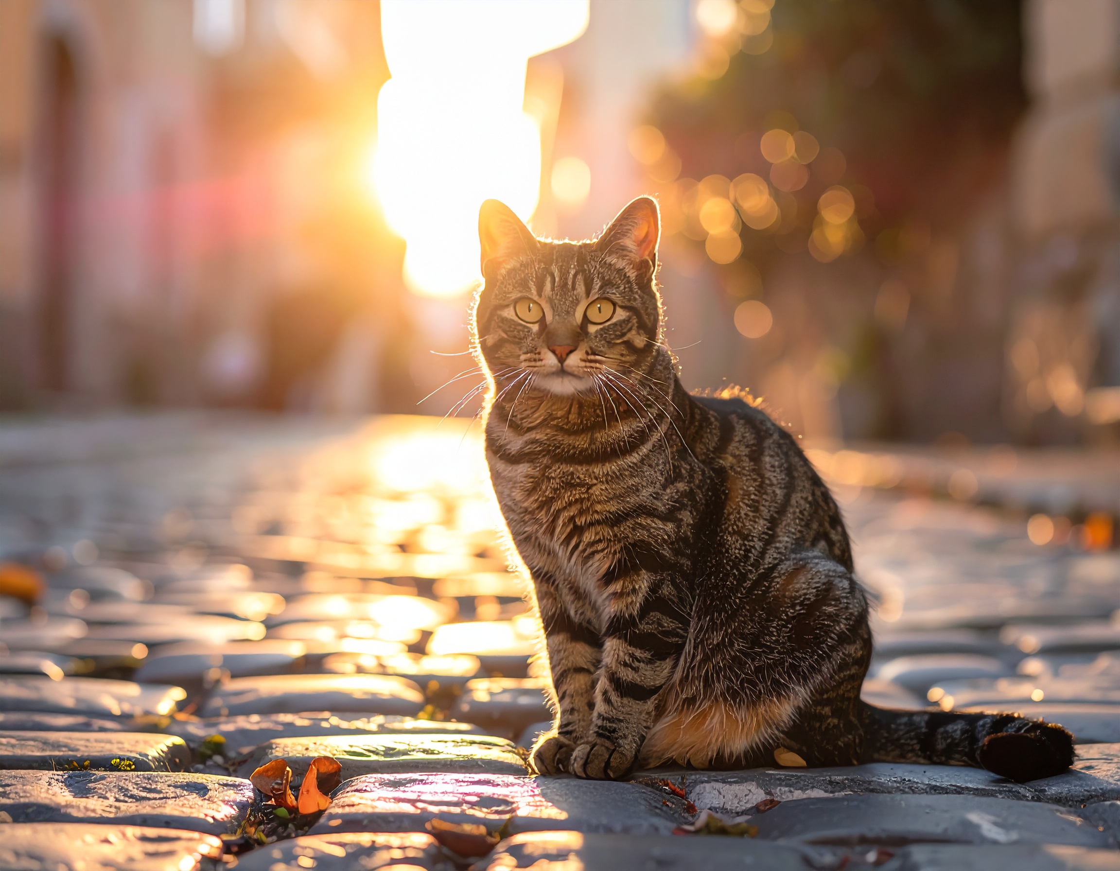 Gato rajado em uma rua de paralelepípedos durante o pôr do sol, com luz dourada suave iluminando o pelo e criando um efeito bokeh ao fundo. A composição foca no animal centralizado, capturando a serenidade da cena urbana com tons quentes e atmosfera tranquila.