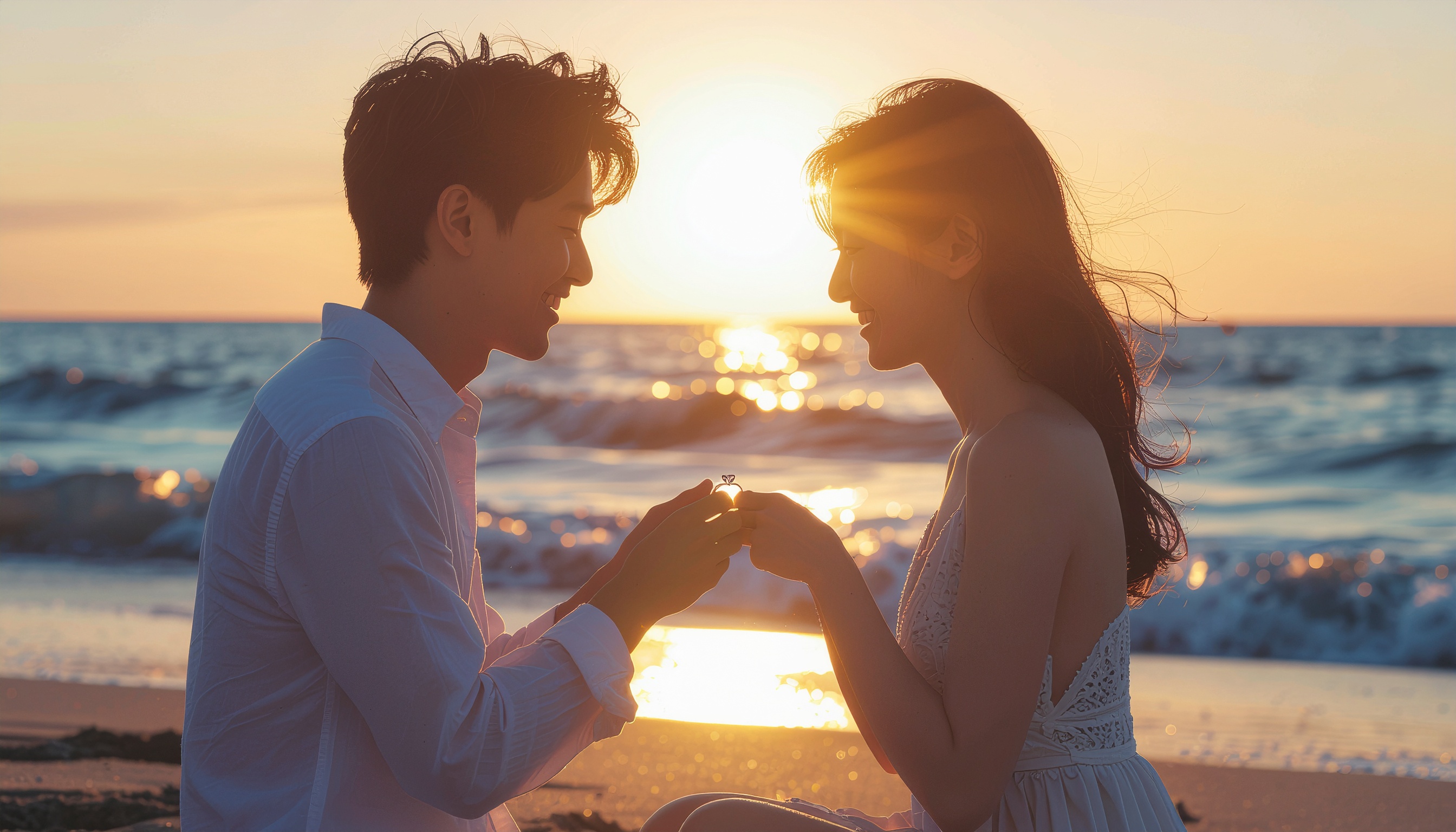 Casal em uma praia ao pôr do sol, trocando olhares e segurando as mãos, com o sol brilhando ao fundo. A luz dourada do pôr do sol cria uma atmosfera romântica e serena, destacando as silhuetas contra o céu e o mar. A composição centrada e o foco suave enfatizam a intimidade e conexão entre os dois, com ondas suaves ao fundo.
