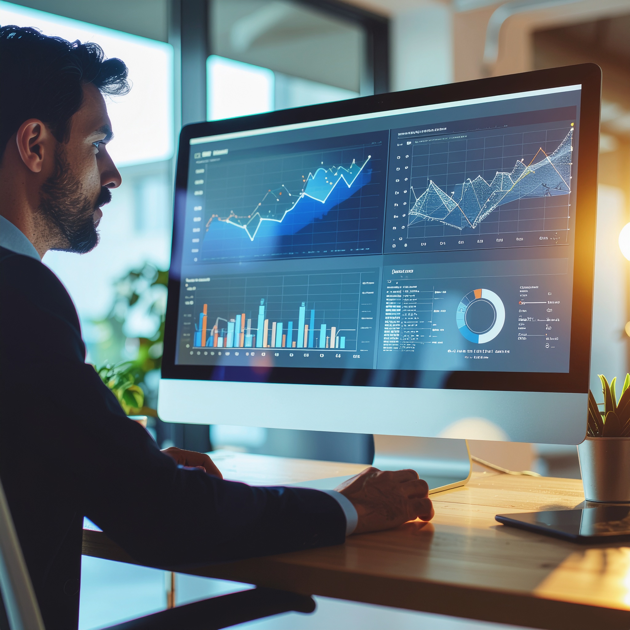 Man Analyzing Graphs on Large Computer Screen in Modern Office