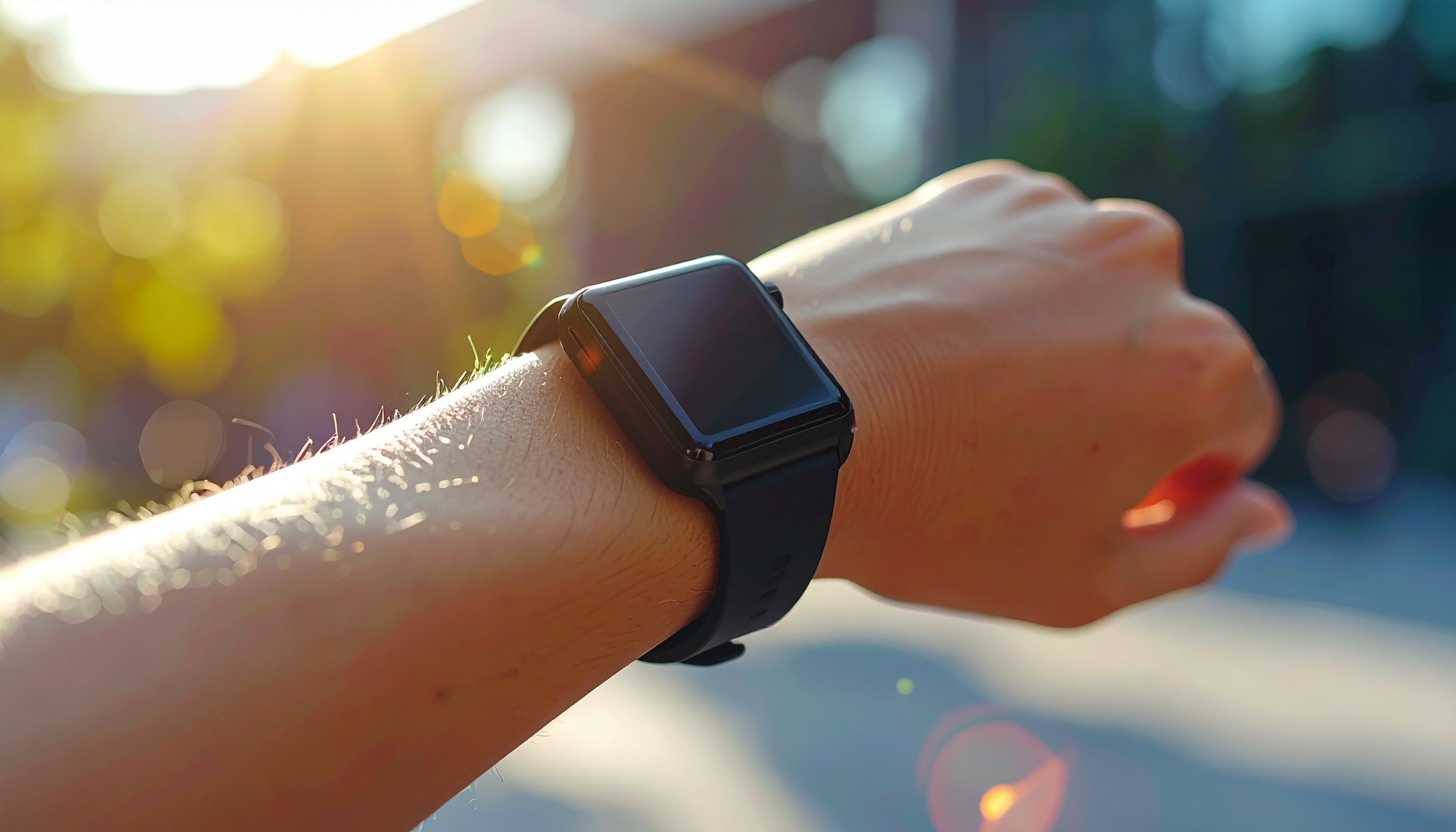 Pessoa usa smartwatch preto ao ar livre em um dia ensolarado, com luz do sol refletindo no visor, criando um efeito de flare suave e moderno.