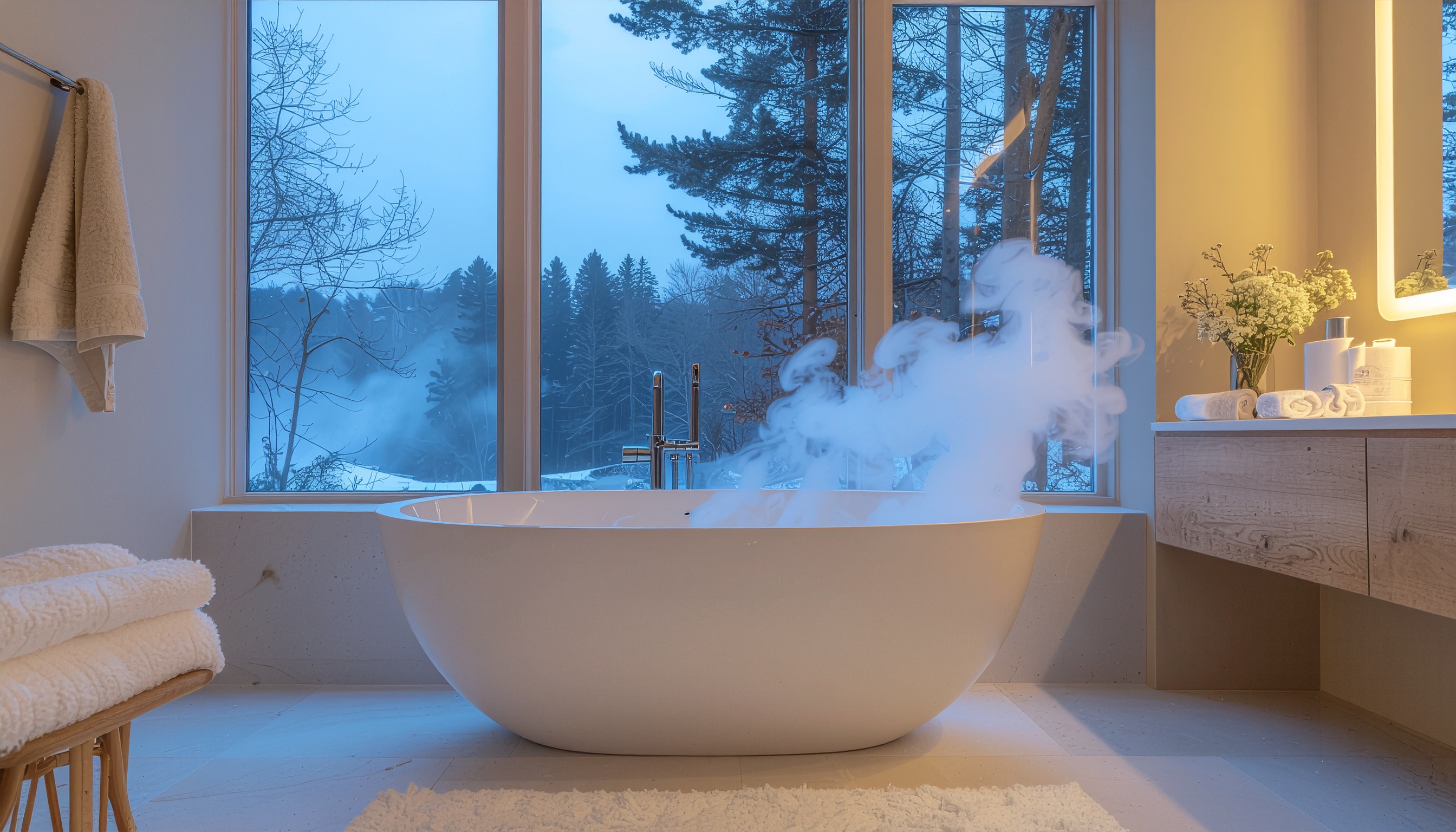 Elegant Bathtub in Modern Bathroom with Panoramic Forest View