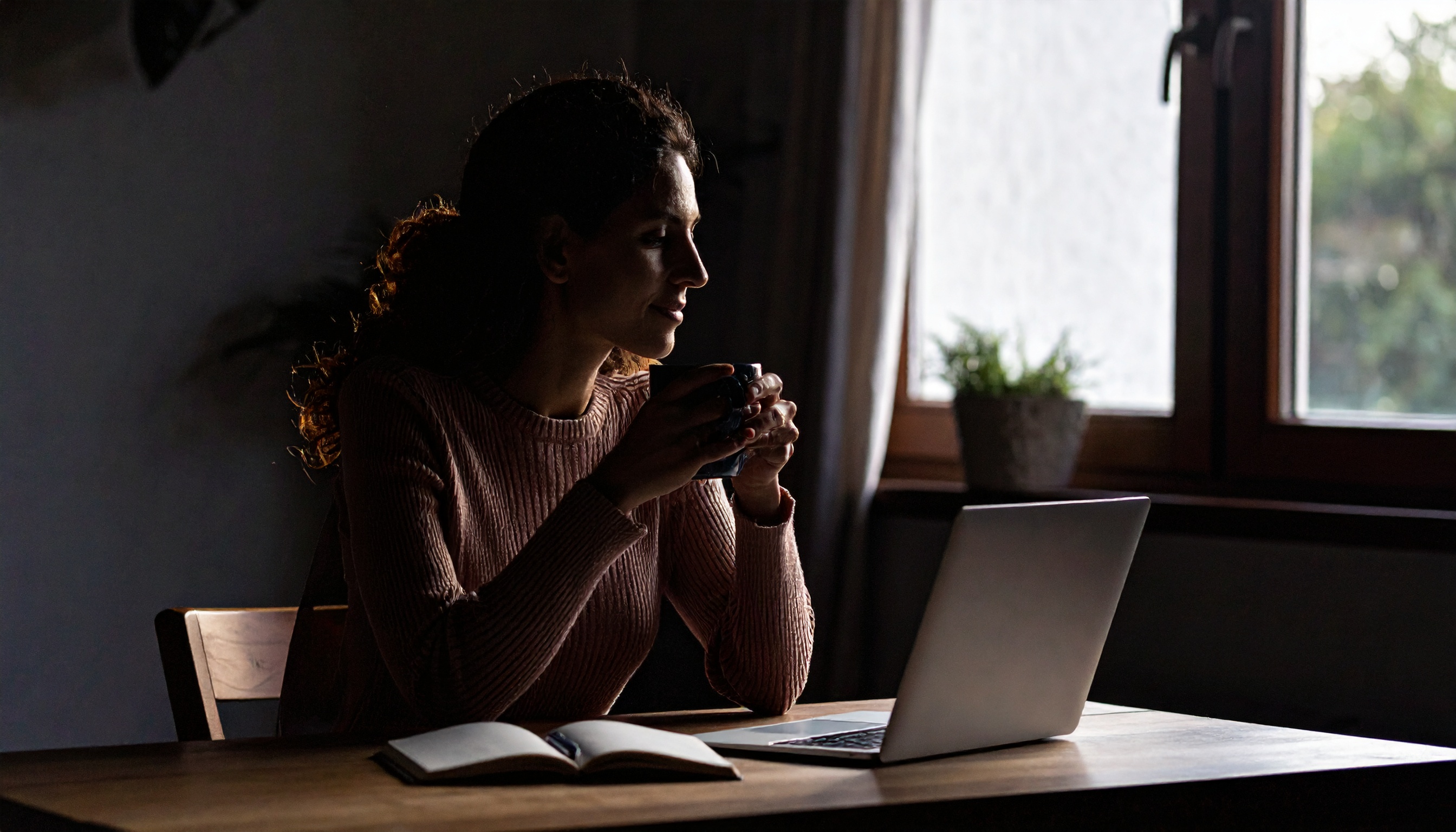 Mulher em ambiente escuro iluminado por luz natural, segurando uma caneca, com laptop e livro sobre a mesa próxima a uma janela.