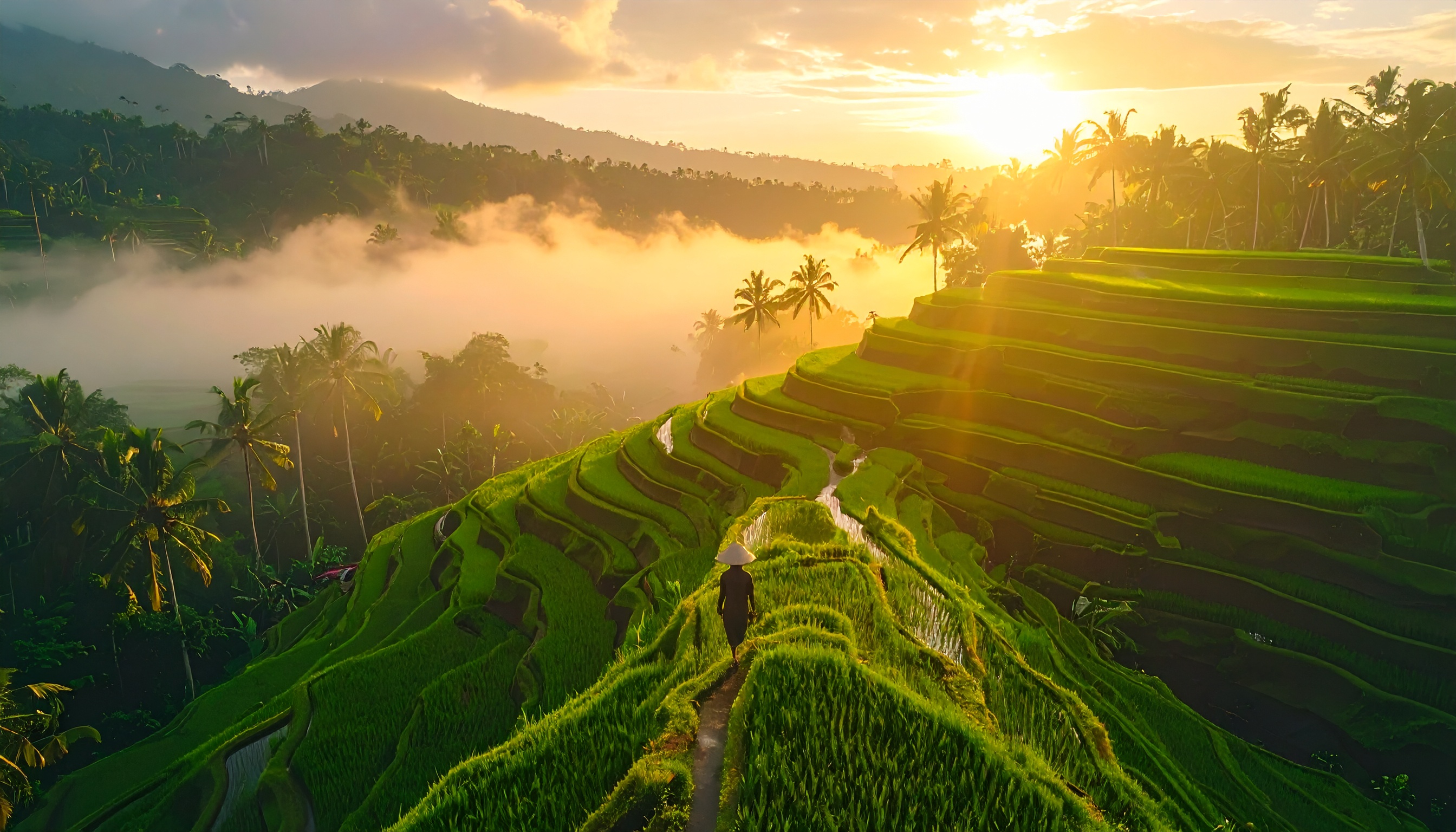 Terraços de arroz exuberantes sob um sol nascente em um vale remoto. Este cenário é ideal para promover turismo sustentável e experiências culturais. Os campos são envoltos em névoa com palmeiras ao fundo, criando uma cena paradisíaca. Perfeito para viajantes interessados em ecoturismo e fotografia ao amanhecer. A beleza natural oferece uma sensação de paz e conexão com a terra.