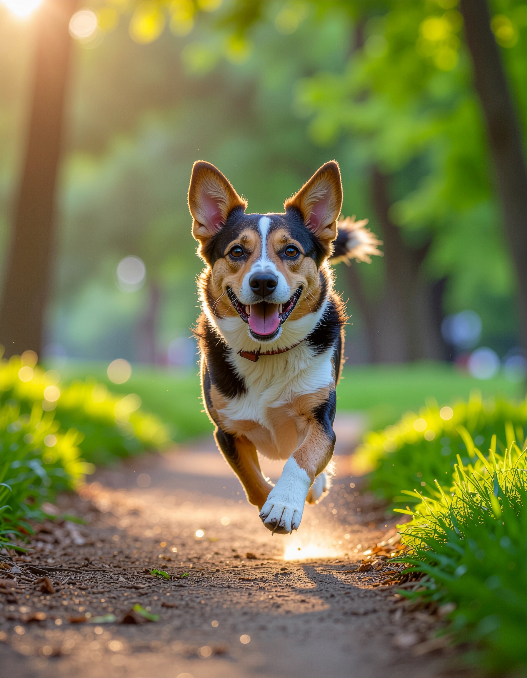 Cachorro correndo em um parque ensolarado, com grama verde ao redor e árvores ao fundo. A iluminação suave do sol cria um efeito de brilho e destaca a expressão alegre do cão. A composição captura o movimento com foco nítido no animal, enfatizando a energia e o dinamismo da cena.