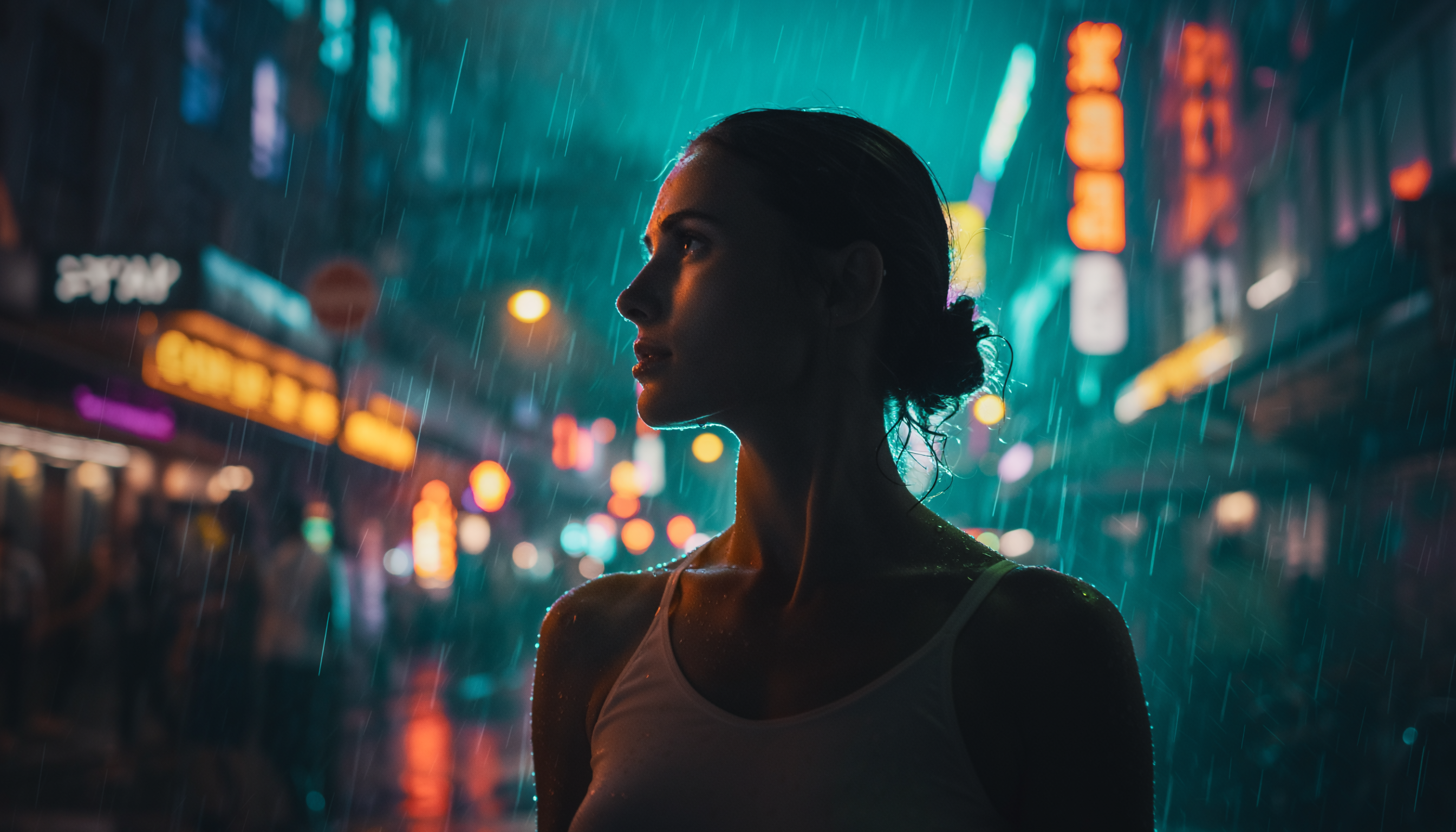 A woman stands in a rain-soaked city street illuminated by neon lights