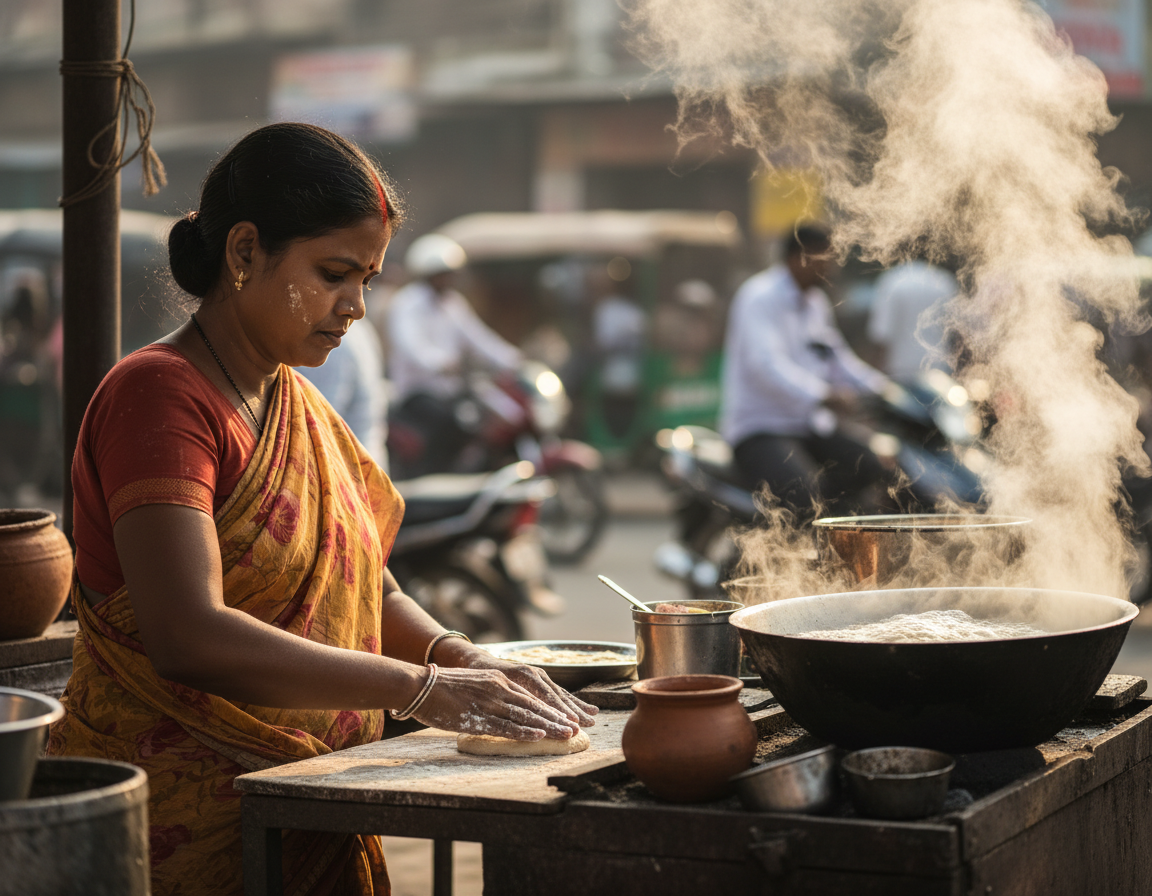 A woman in a vibrant sari prepares food at a bustling street stall