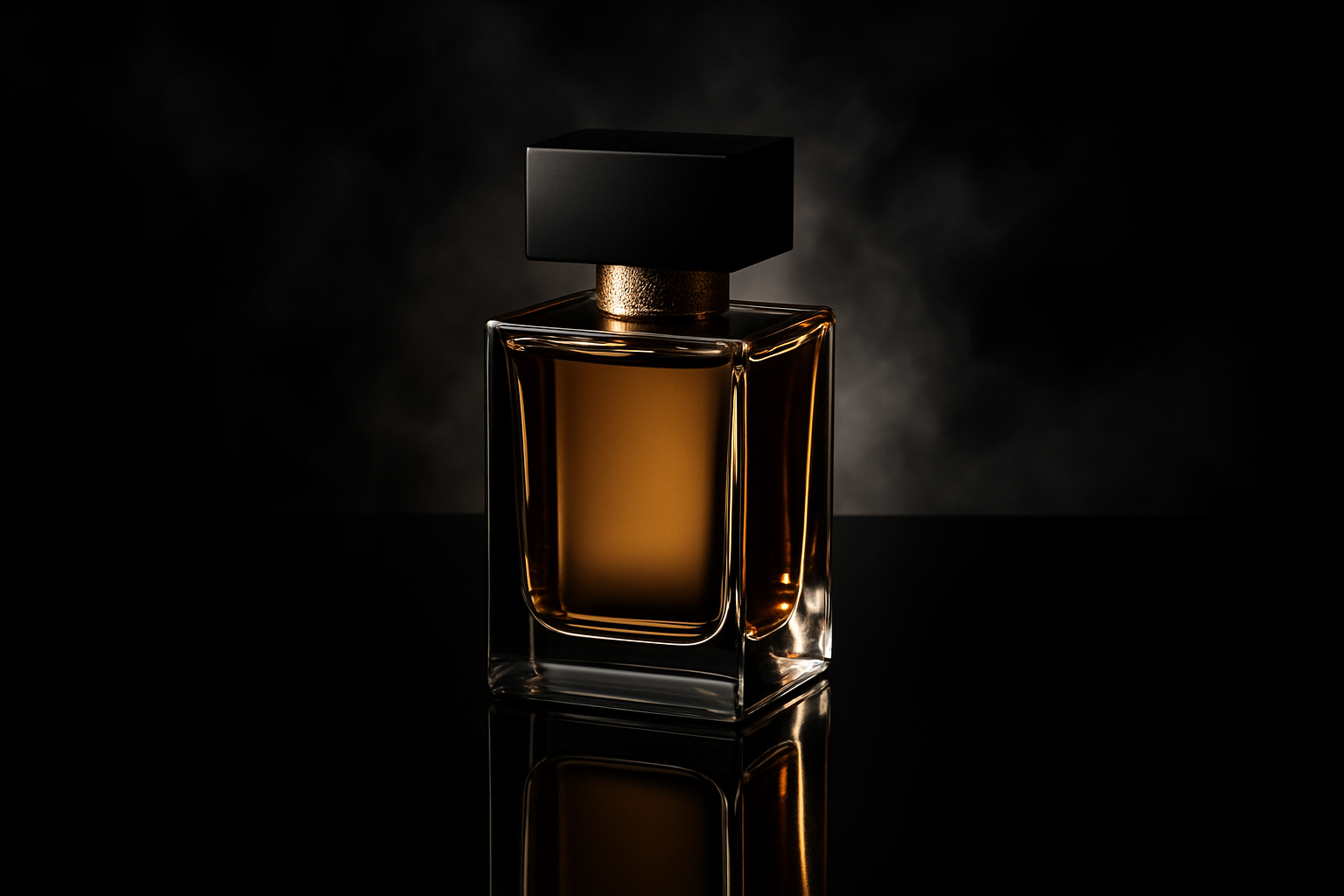 A luxurious perfume bottle rests elegantly on a reflective black surface