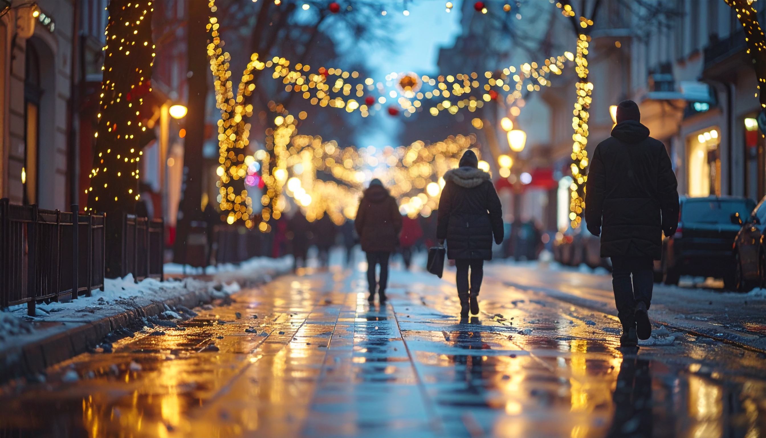 Urban Street Decorated with Bright Christmas Lights
