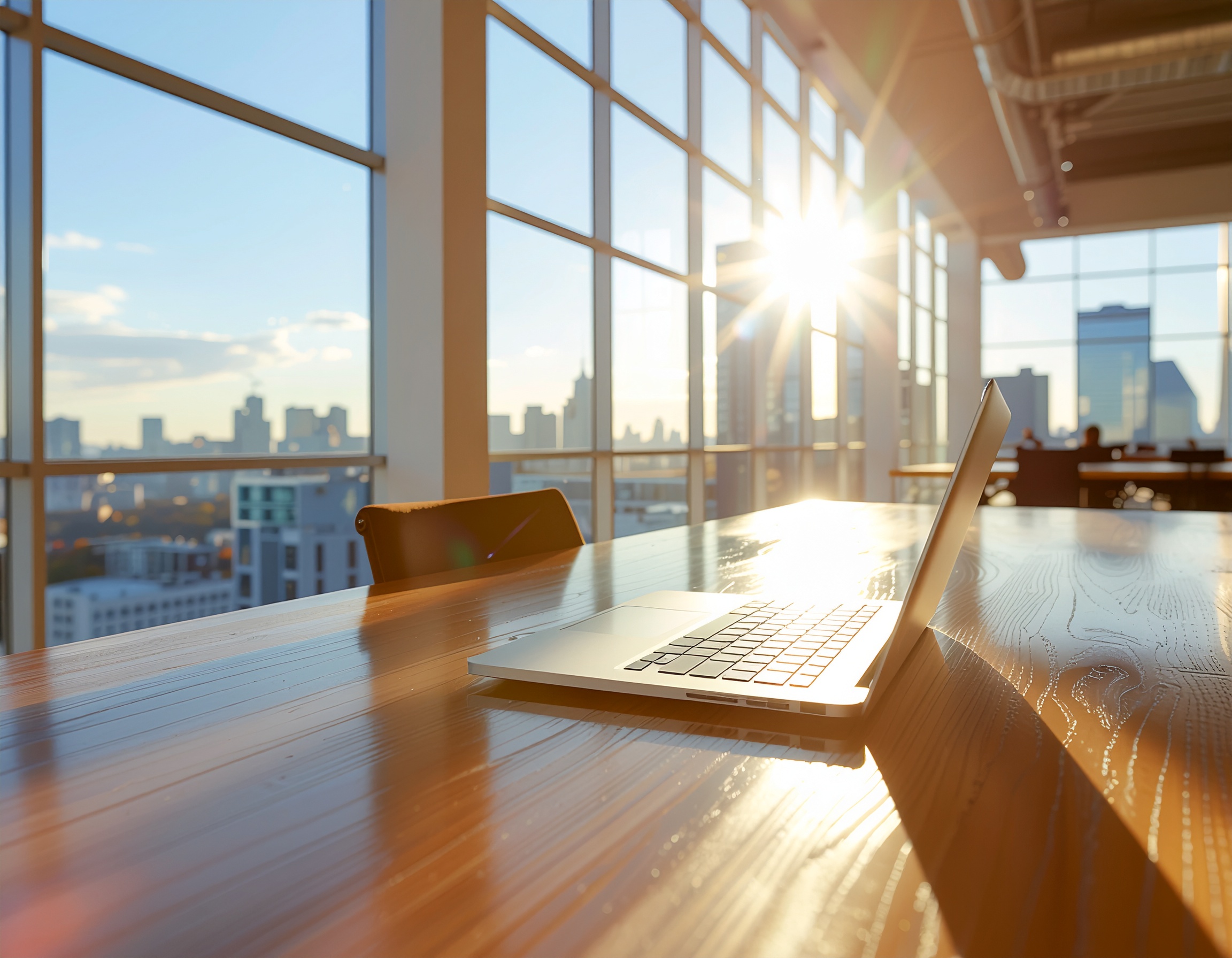 Laptop moderno em mesa de madeira em escritório com amplas janelas e vista urbana. Luz solar intensa atravessa o ambiente, criando reflexos e sombras suaves. Composição minimalista e perspectiva focada no computador, destacando modernidade e tecnologia.