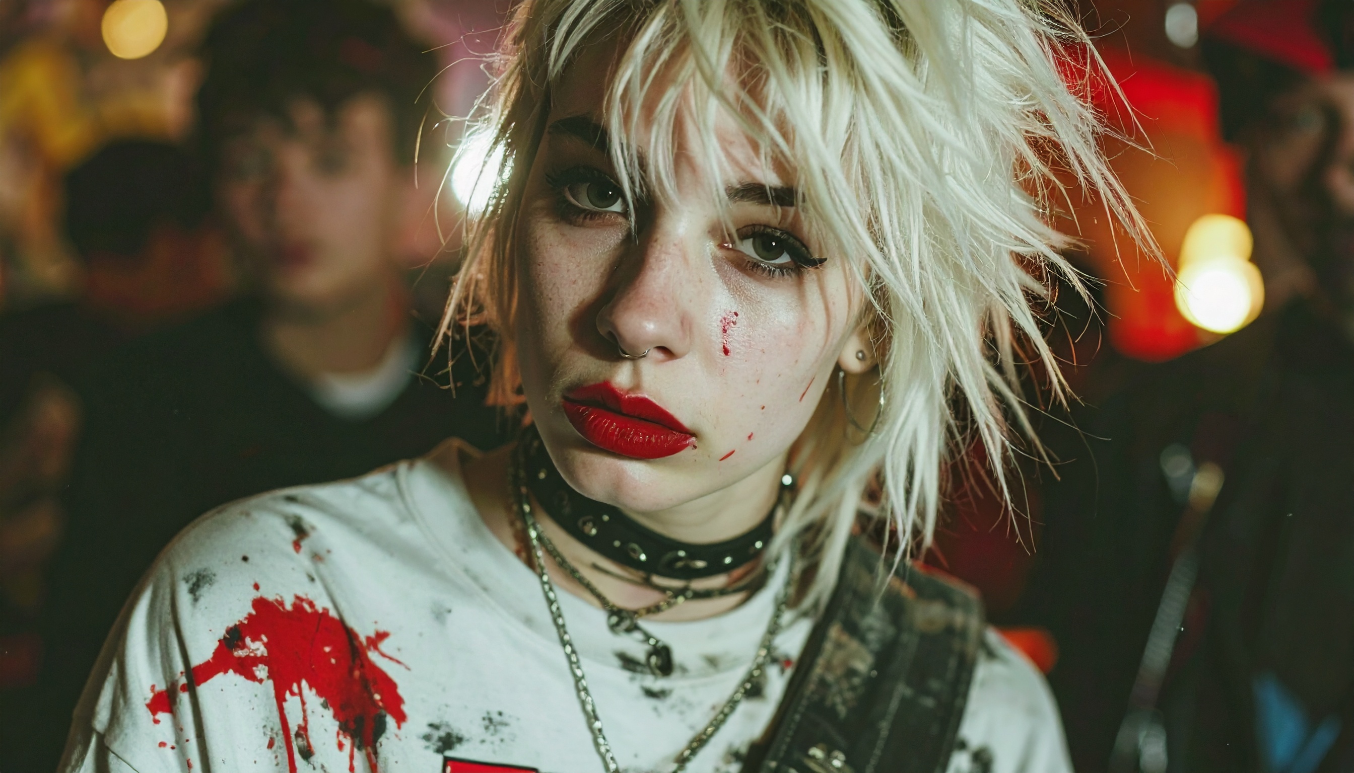 A young woman with edgy punk style stands out with platinum blonde hair and bold