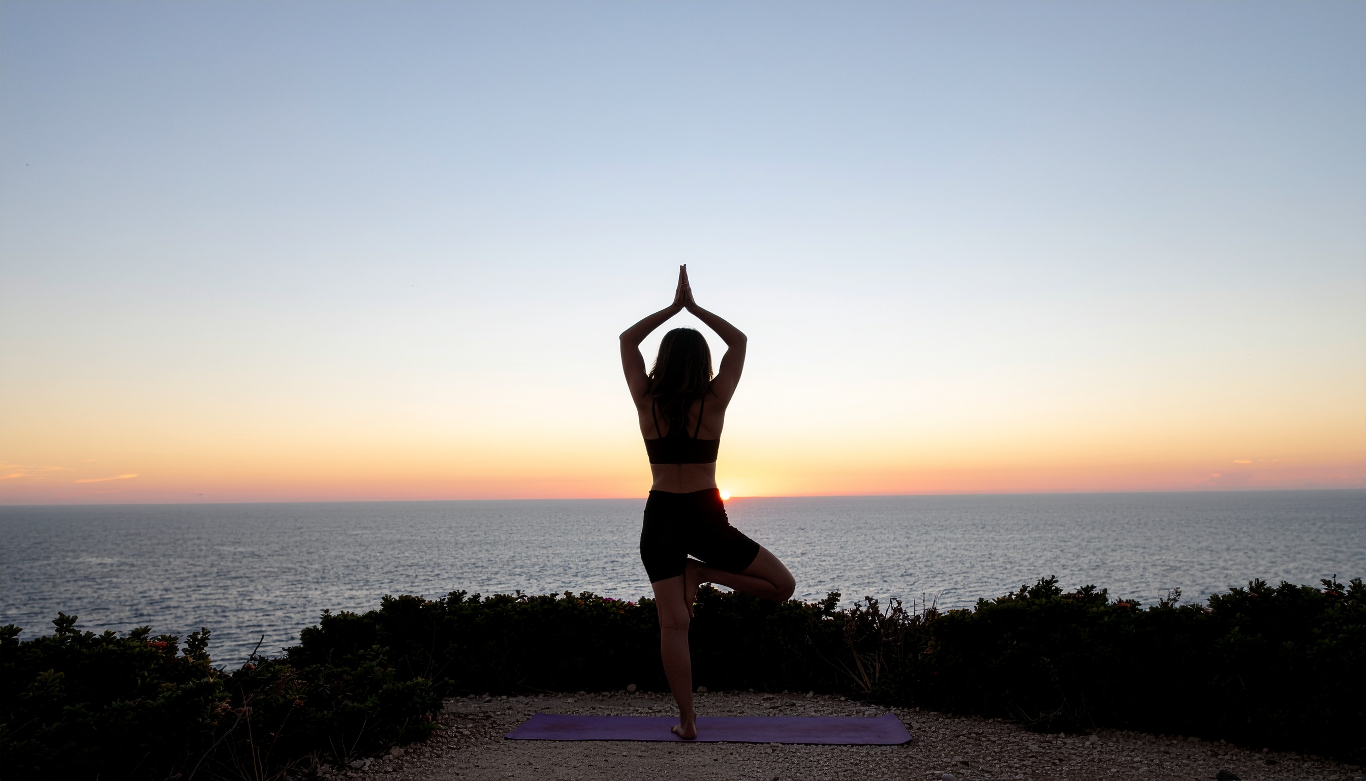 Yoga Practitioner in Tree Pose at Sunset by the Sea