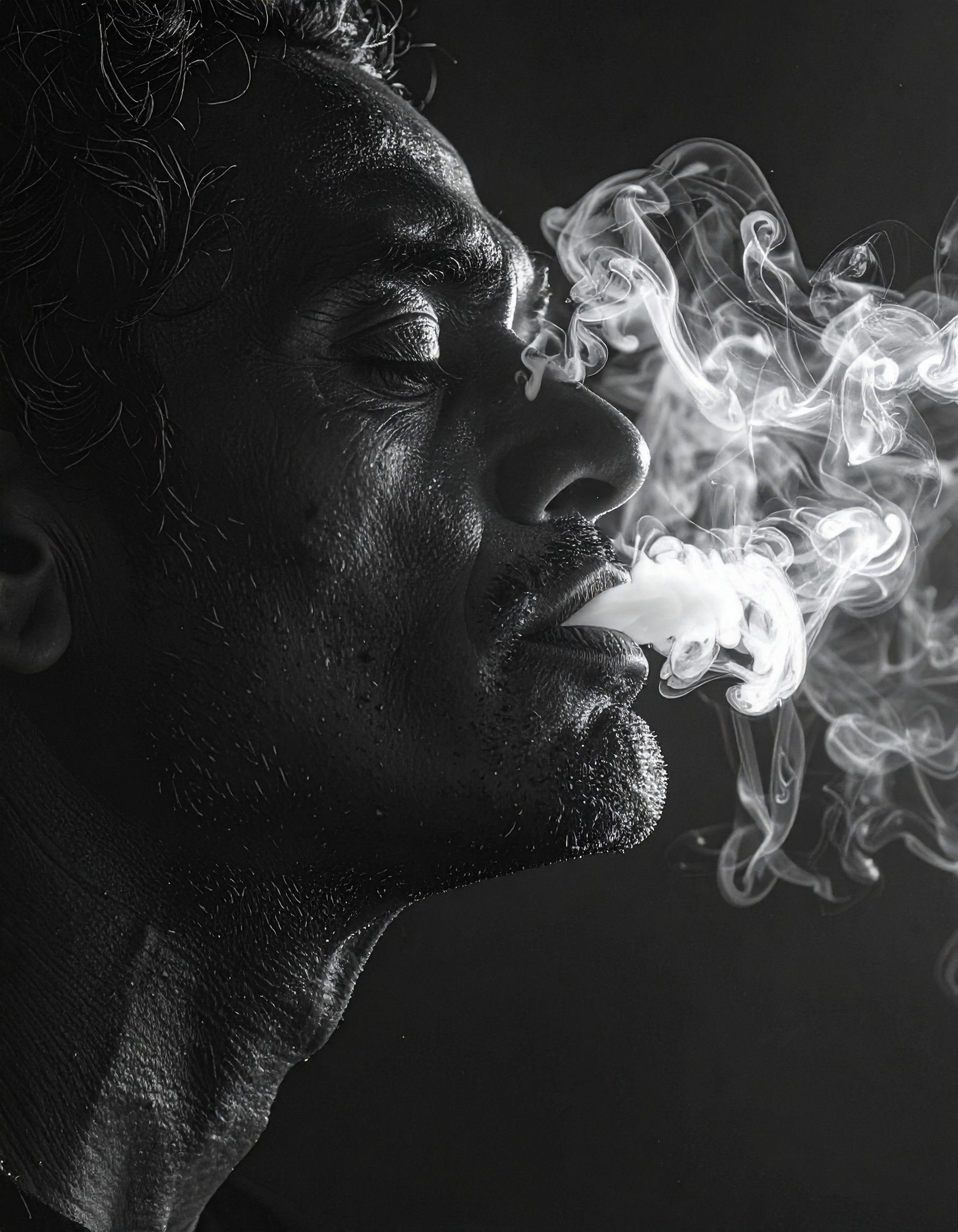 A man exhales a swirl of smoke against a dark background