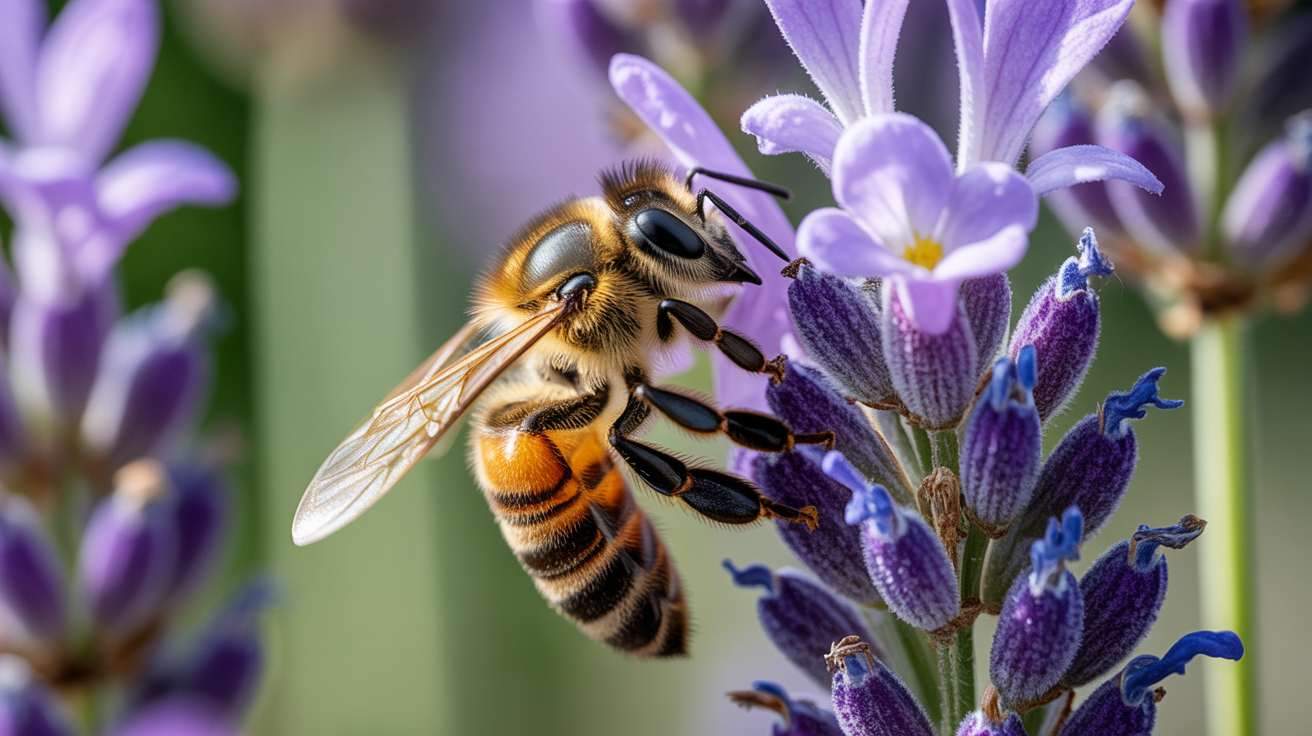 Uma abelha pousada em uma flor de lavanda roxa, capturada em close-up com iluminação suave e foco preciso, destacando os detalhes das asas translúcidas e o corpo peludo. O fundo desfocado de outras flores cria uma atmosfera tranquila e natural.