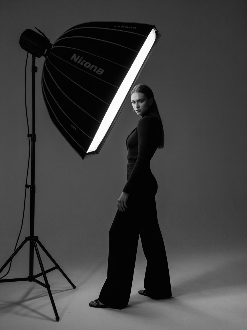 A monochrome studio setup with a large softbox illuminates a model in black attire