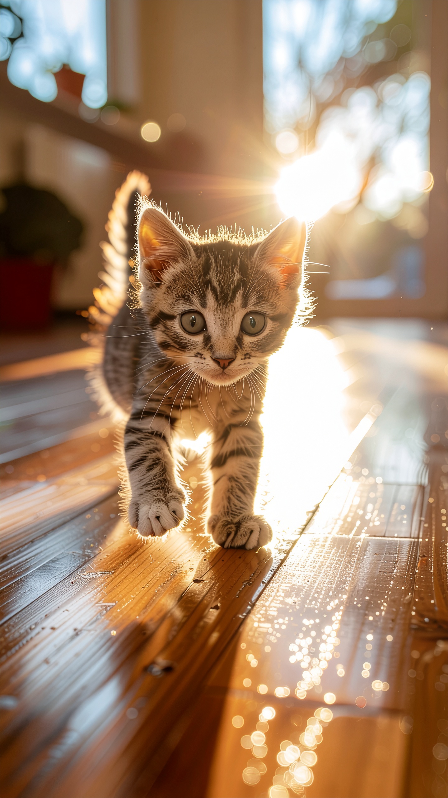 Um filhote de gato listrado caminha sobre um piso de madeira iluminado por uma luz solar intensa e suave, criando um efeito de contra-luz que destaca suas características felinas e realça o ambiente acolhedor da casa.