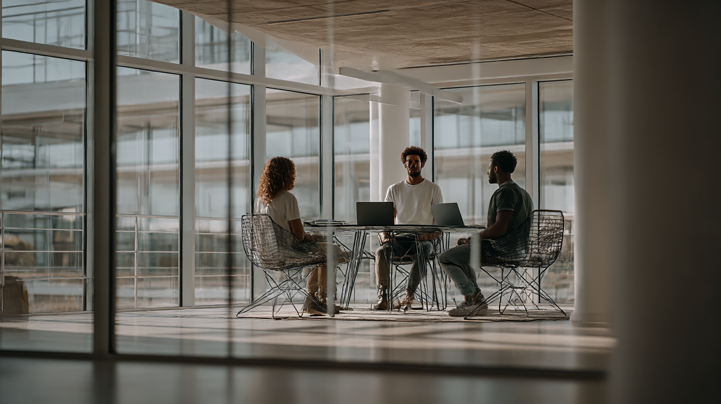 Três pessoas em uma moderna sala de conferências, sentadas ao redor de uma mesa de vidro com laptops, cercadas por amplas janelas que permitem entrada de luz natural criando um ambiente profissional e iluminado. O foco é suave, destacando a interação e colaboração entre os participantes, com uma composição equilibrada e contemporânea.