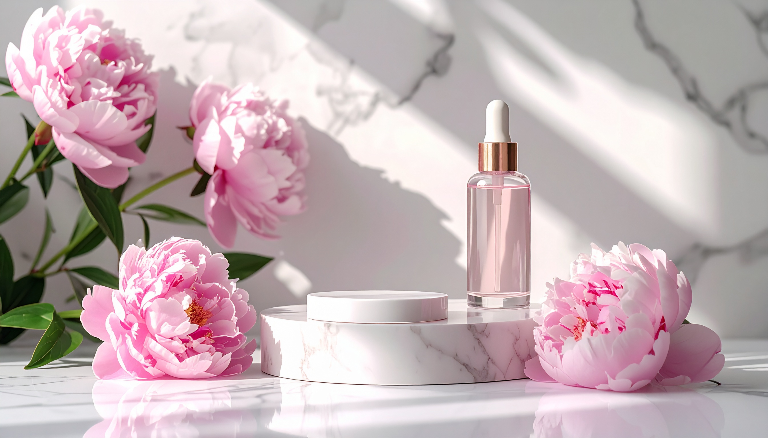 Uma cena elegante e minimalista com flores de peônia rosa em destaque ao redor de um frasco transparente com conta-gotas, sobre uma base de mármore branca. A iluminação suave cria sombras delicadas, complementando a estética luxuosa e sofisticada.