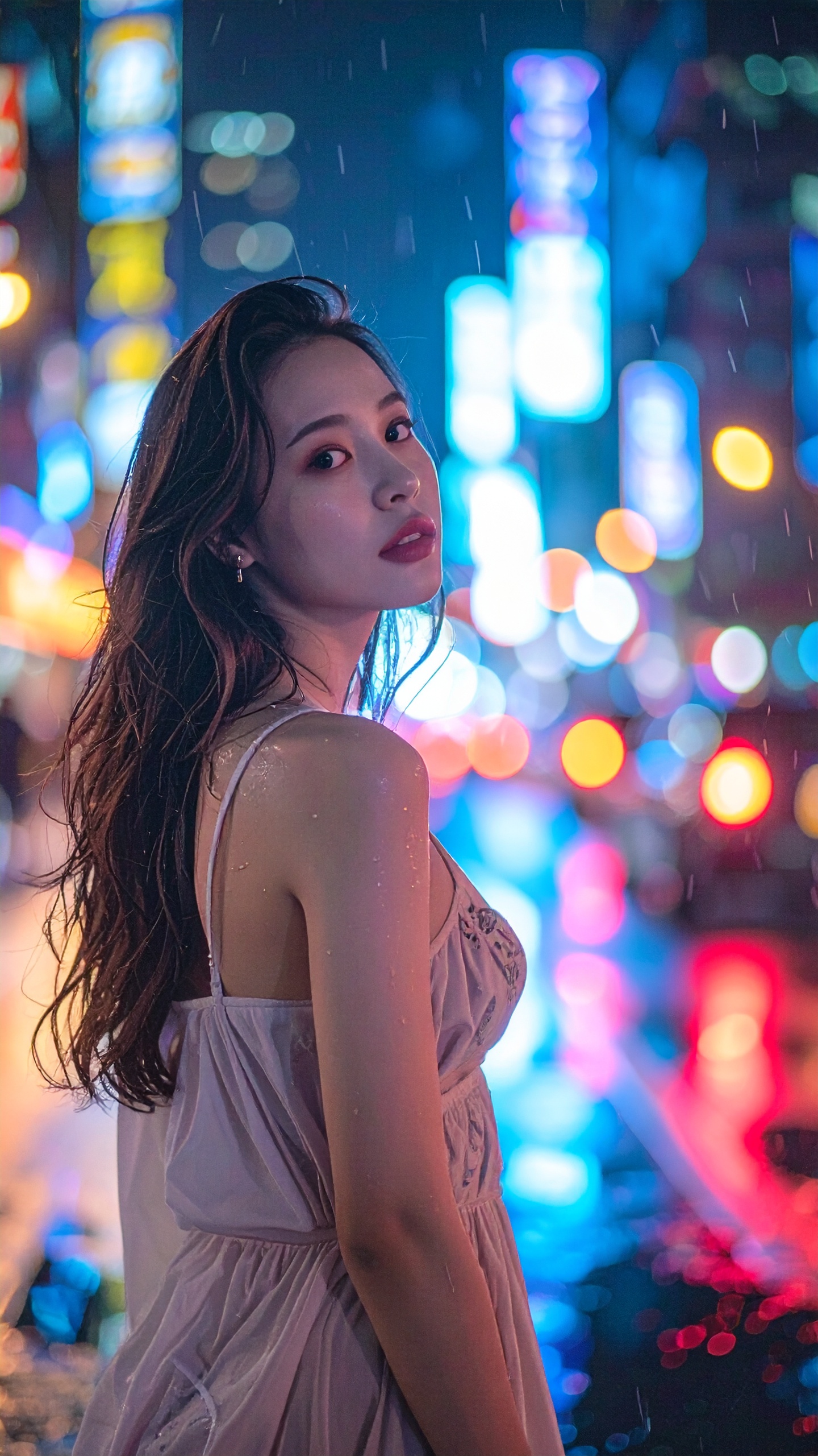 Retrato de uma mulher em uma rua urbana à noite, com iluminação de néon vibrante ao fundo. A cena é chuvosa, criando um efeito de brilho na pele e vestidos molhados. O fundo desfocado destaca as luzes coloridas, criando um contraste dramático com a figura em primeiro plano. A composição é centralizada, capturando a atmosfera noturna e moderna da cidade.