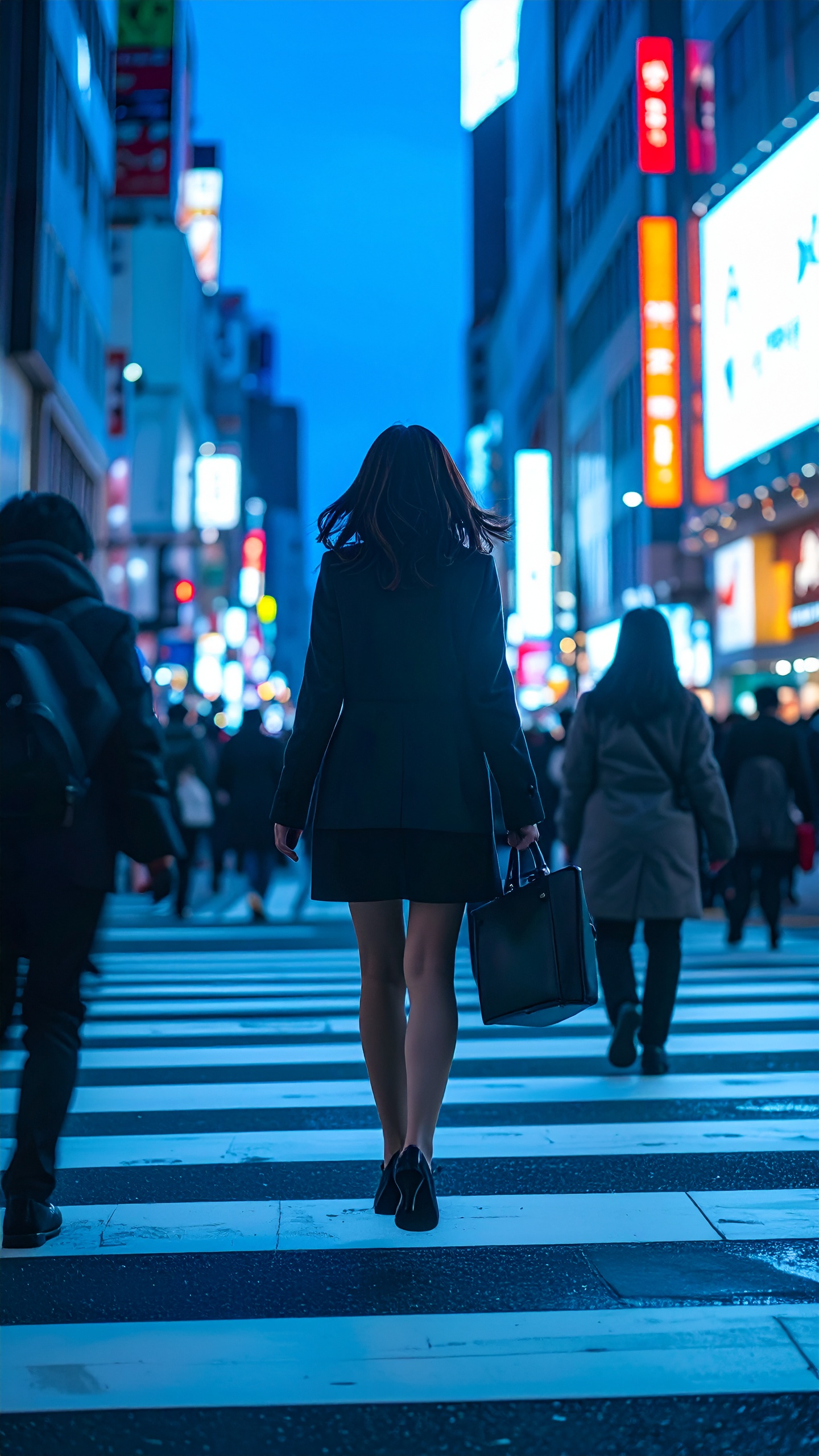 A woman walks through a bustling city street at night, surrounded by bright neon lights