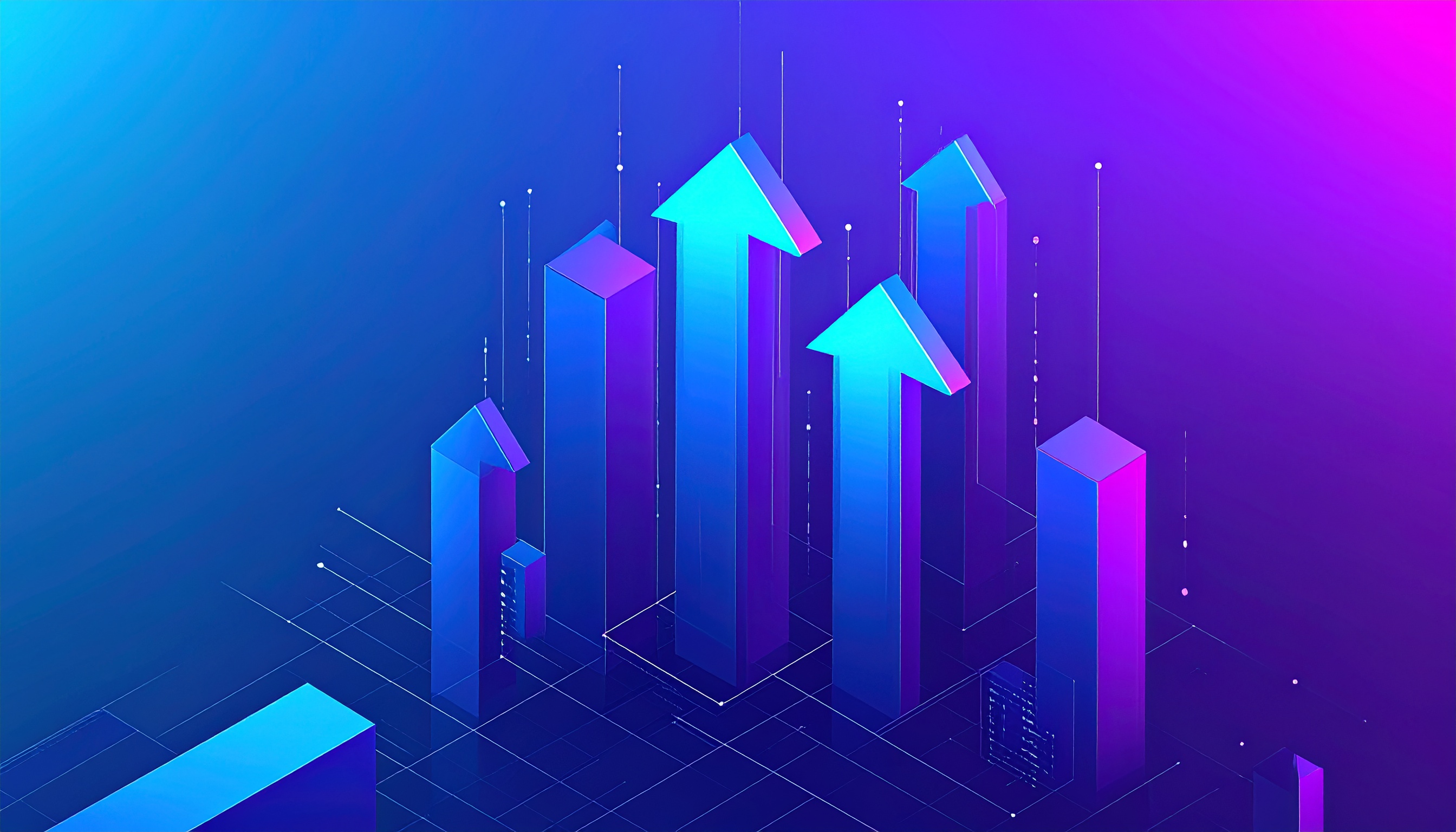 Vibrant 3D arrows point upward against a gradient blue and purple background