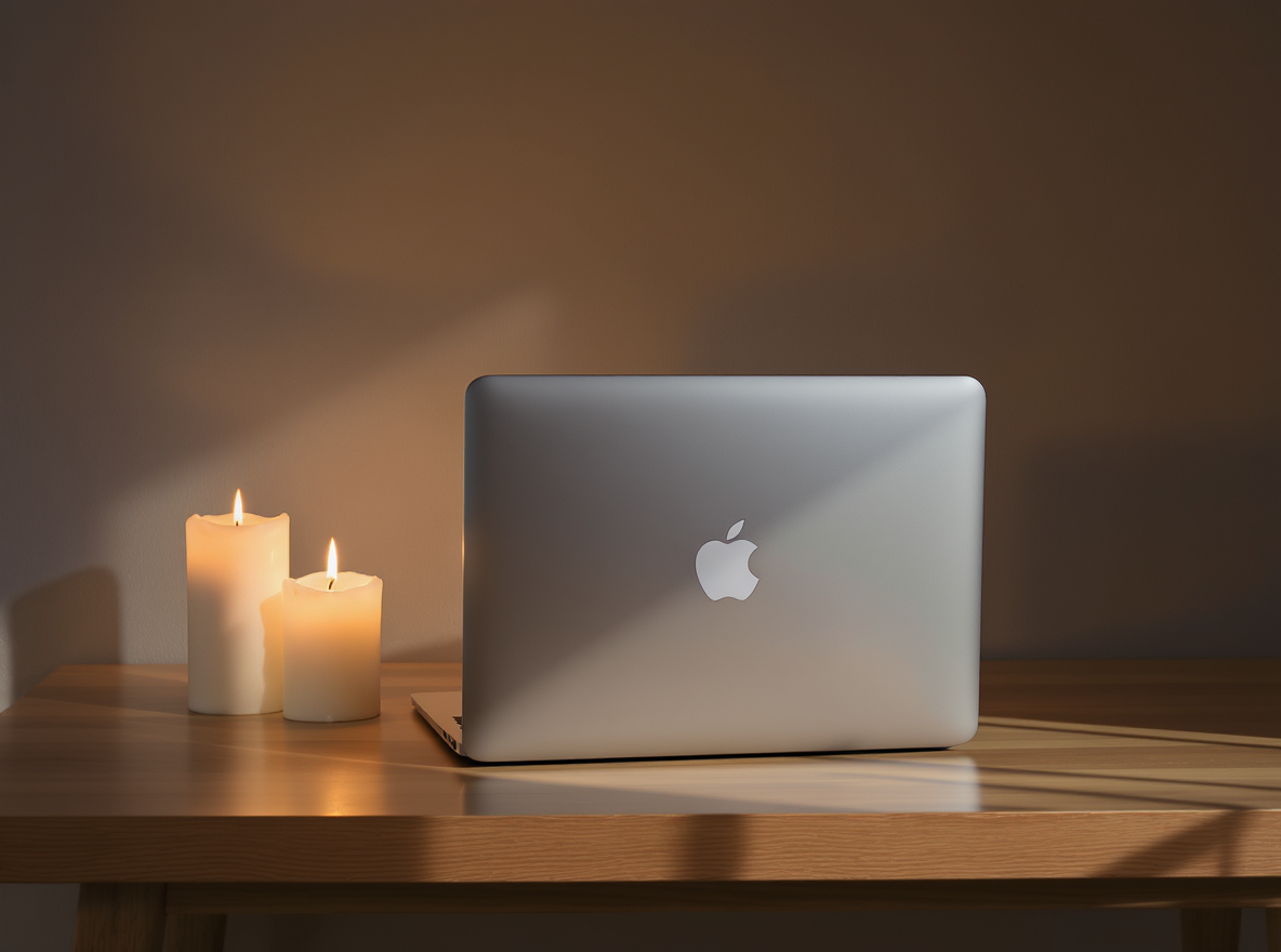 Silver Laptop on Wooden Desk with Candles