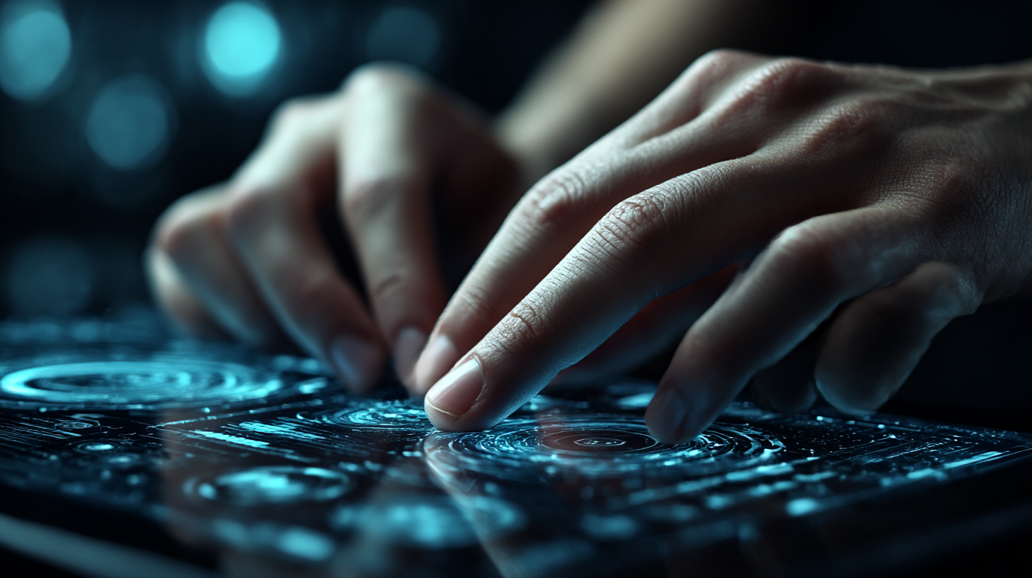Close-up of hands interacting with a futuristic touchscreen interface displaying holographic patterns and data visualizations. The image highlights the seamless integration of technology and human interaction in a digital environment.