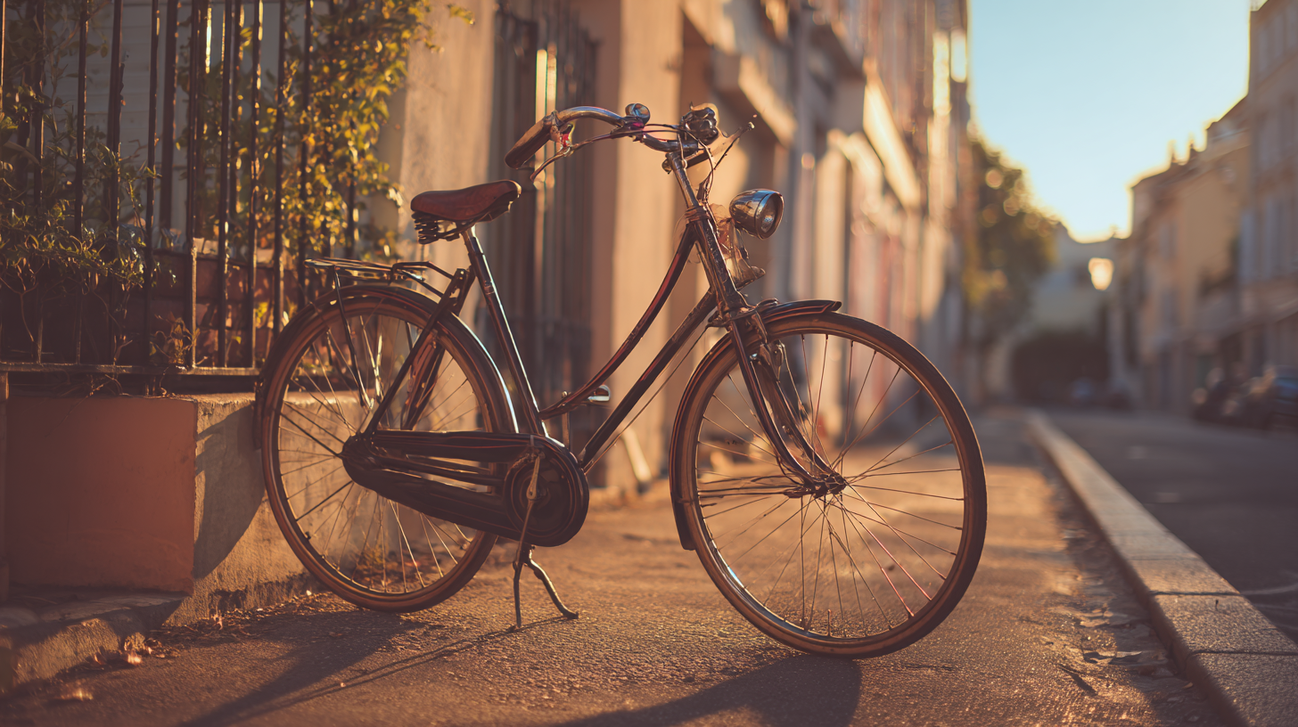 Uma bicicleta vintage estacionada em uma rua tranquila ao entardecer, com luz dourada iluminando suavemente o cenário urbano. A bicicleta apresenta um design clássico, com detalhes em metal e um guidão curvado, rodeada por uma cerca de ferro e vegetação.