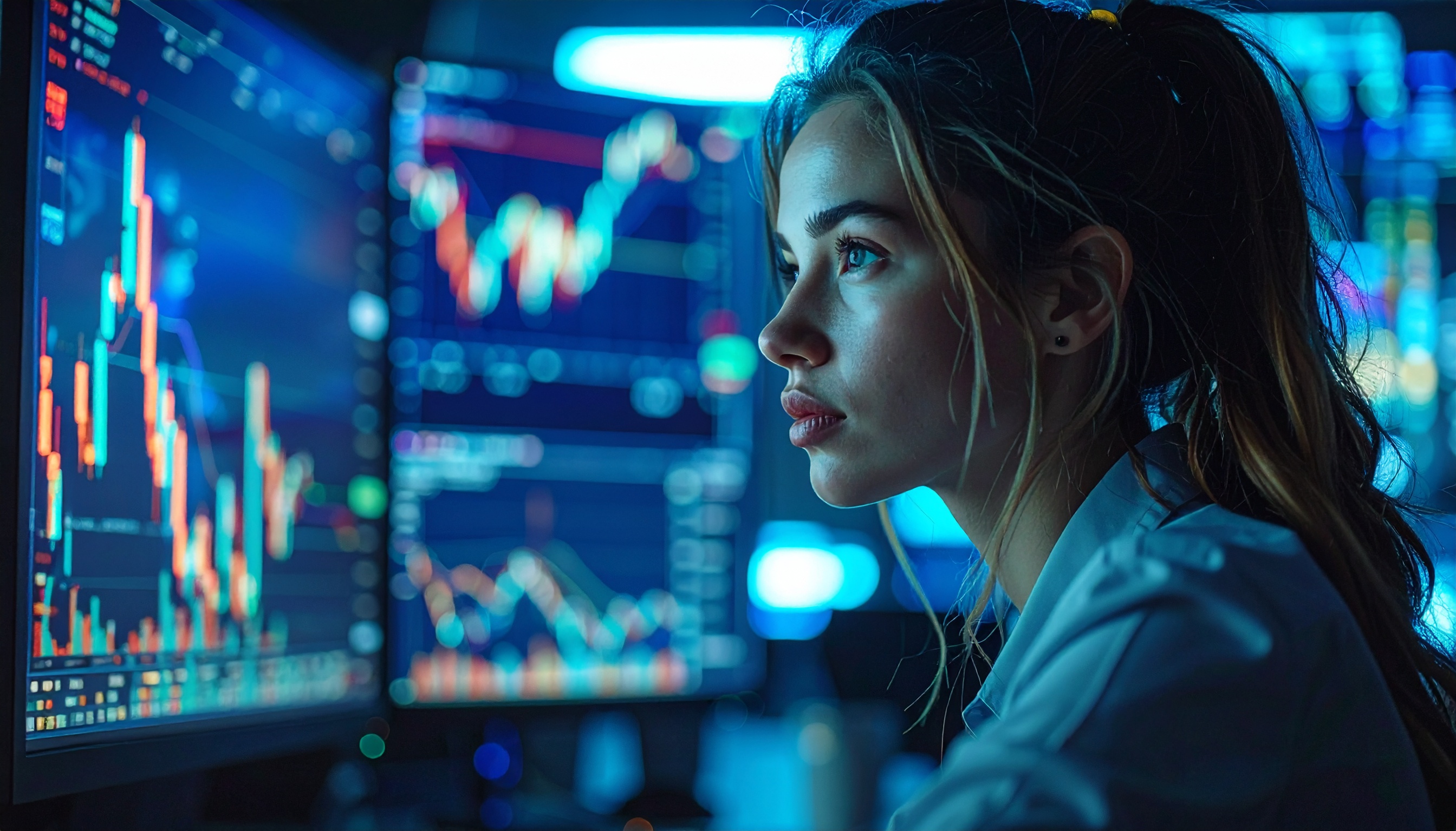 Focused Young Woman Analyzing Financial Graphs on Computer Screens