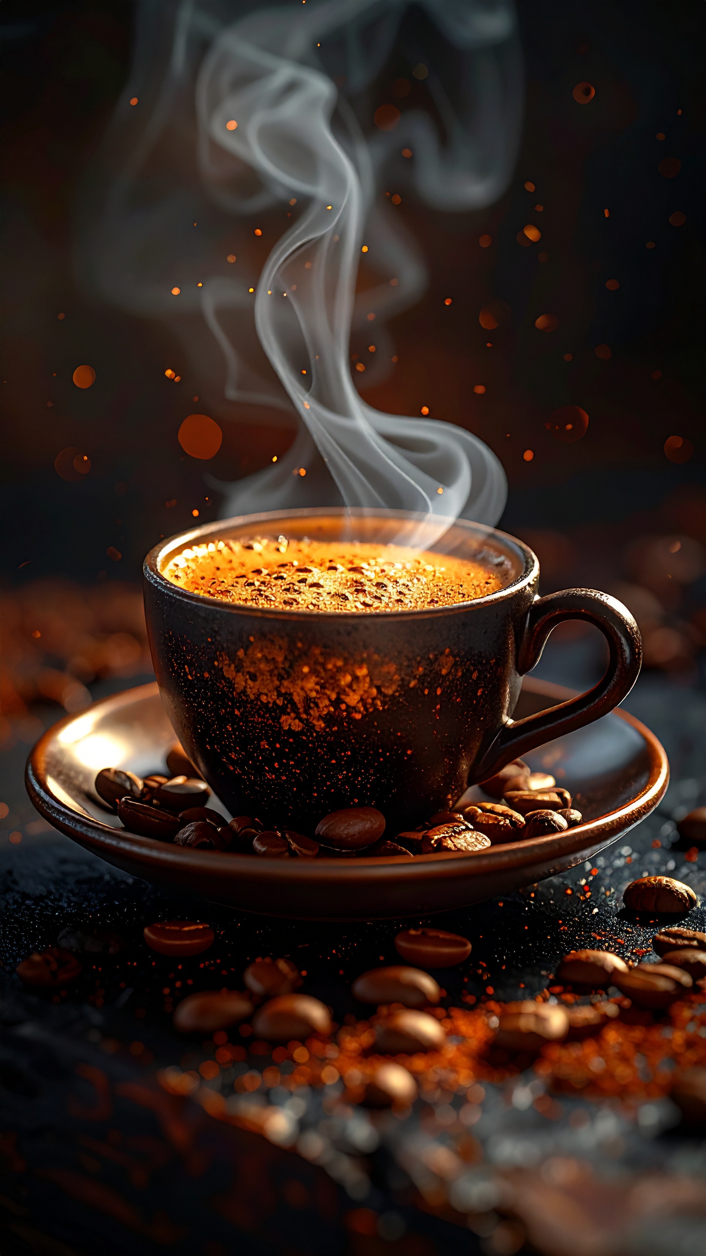 Xícara de café fumegante em close-up, com iluminação dramática destacando a textura rica e a fumaça sinuosa em fundo escuro. Grãos de café espalhados criam um cenário acolhedor e sofisticado.