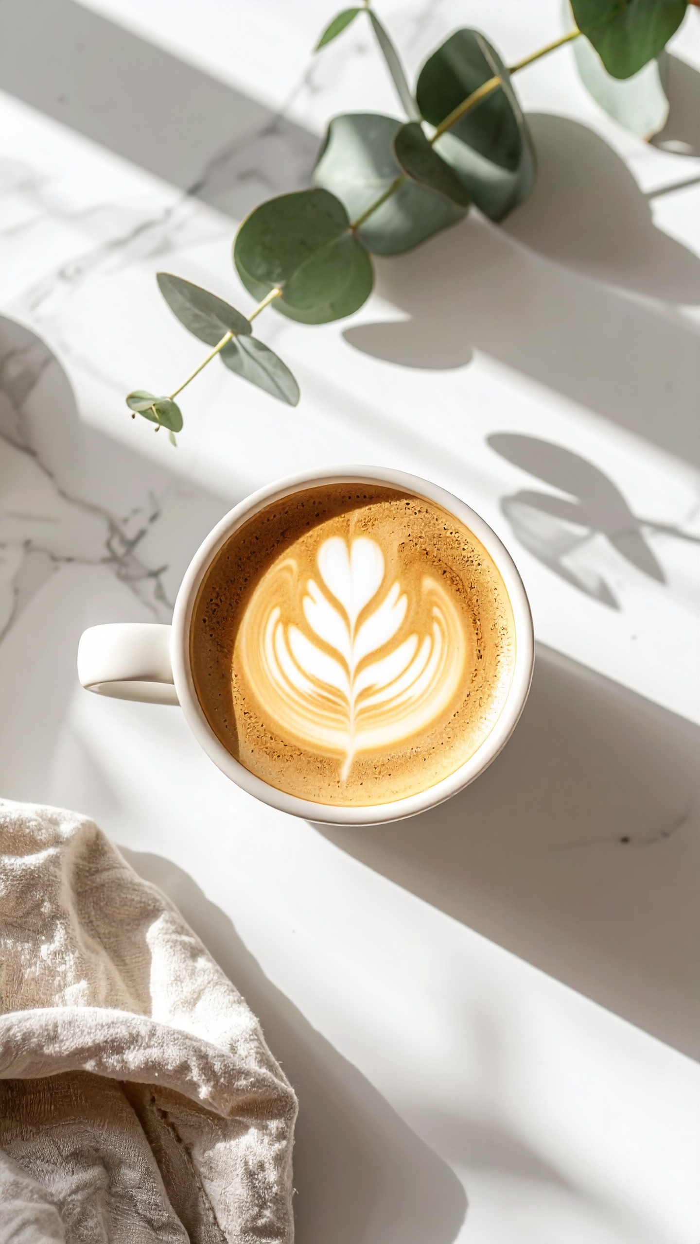 A cup of latte art sits elegantly on a sunlit marble surface
