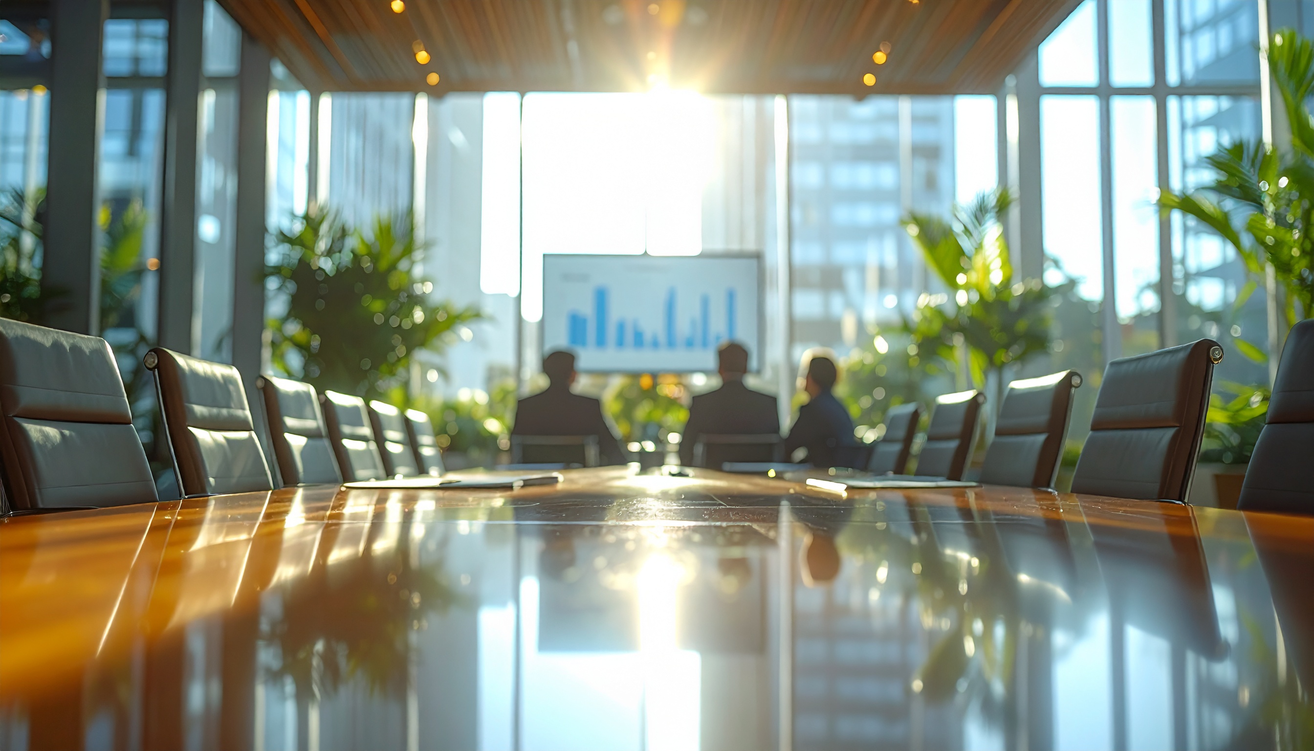 Modern Meeting Room with Long Polished Wood Table