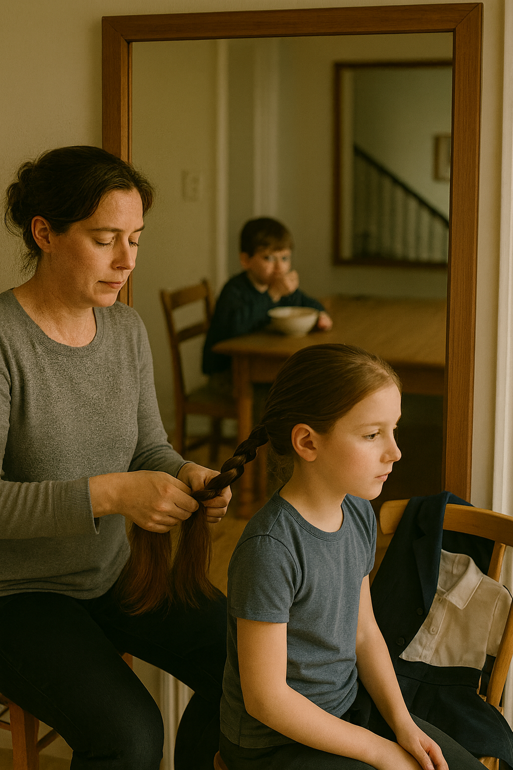 Uma mãe está trançando o cabelo de sua filha, enquanto um menino observa ao fundo sentado à mesa. A cena é íntima e retrata um momento de cuidado e carinho familiar em um ambiente doméstico.