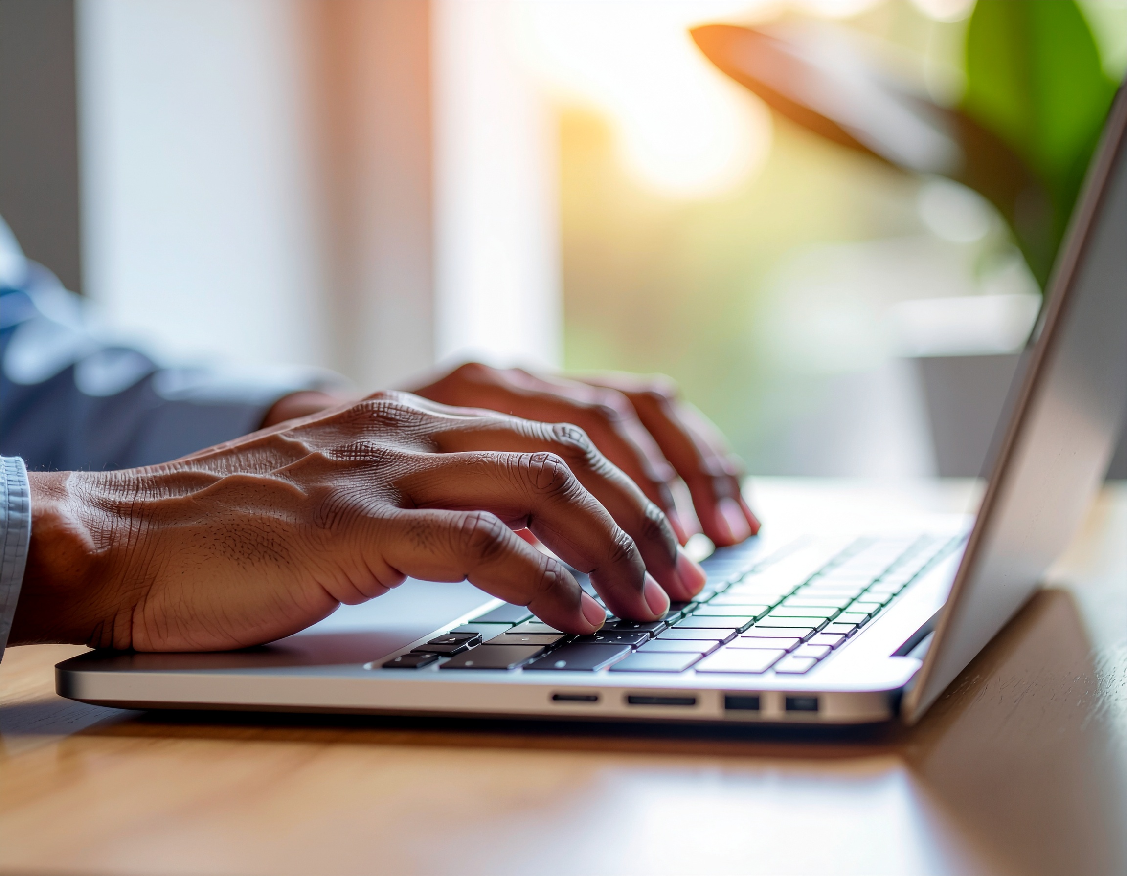 Hands Typing on Silver Laptop in Soft Sunlight
