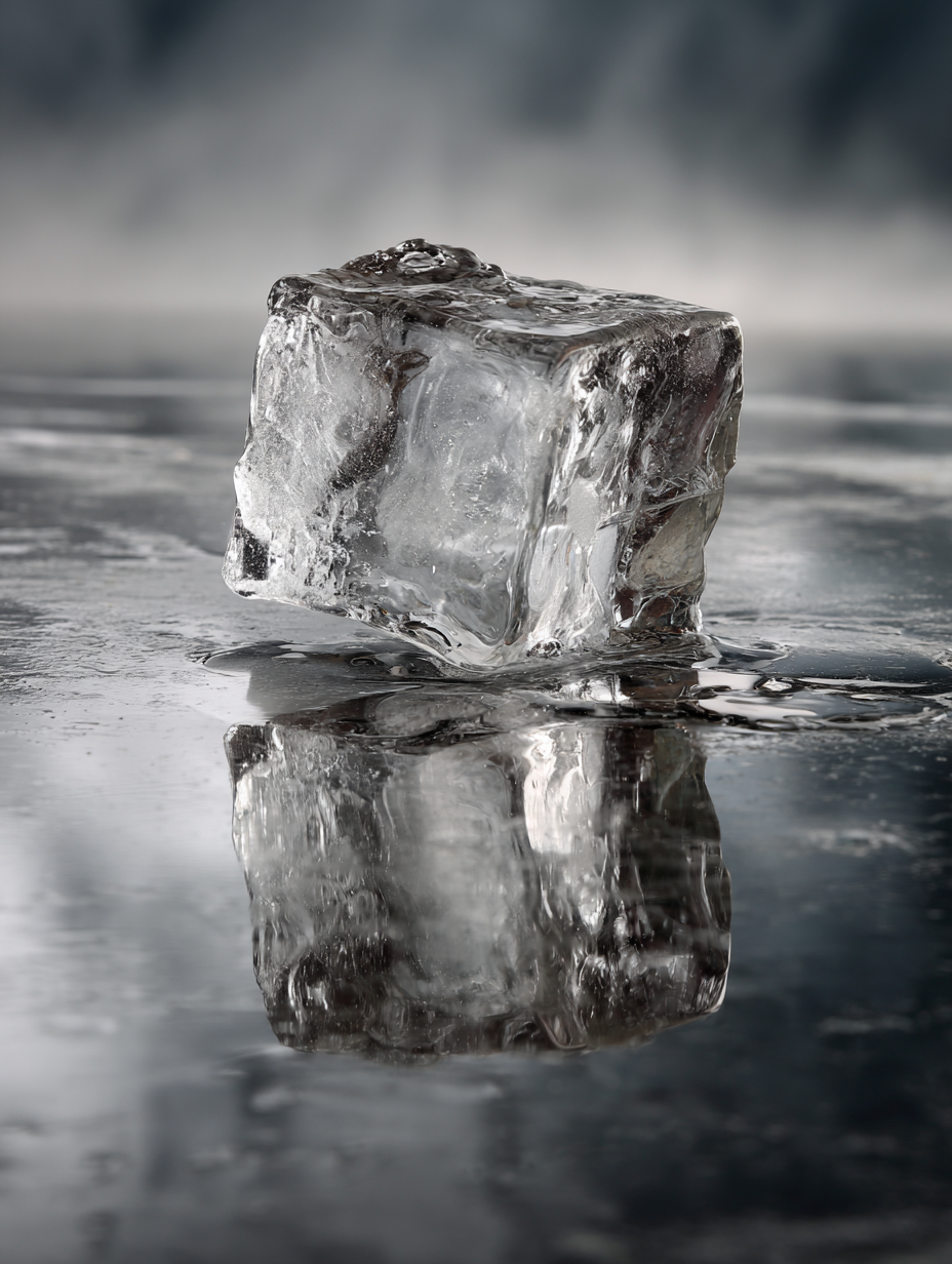 Cubo de gelo transparente e cristalino refletido em uma superfície molhada, capturado em close-up com iluminação suave e fundo desfocado, criando uma atmosfera gelada e serena.