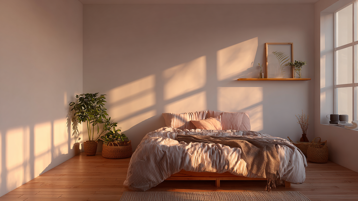 Quarto moderno e aconchegante com cama de casal, lençóis em tons de rosa e cinza, plantas em vasos, e luz natural suave entrando pela janela, criando sombras nas paredes.