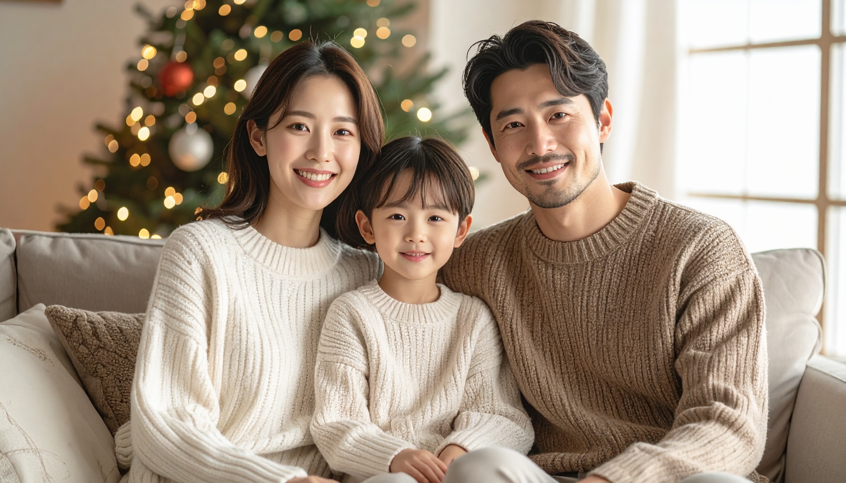 Happy Family Posing in Cozy Living Room with Christmas Tree
