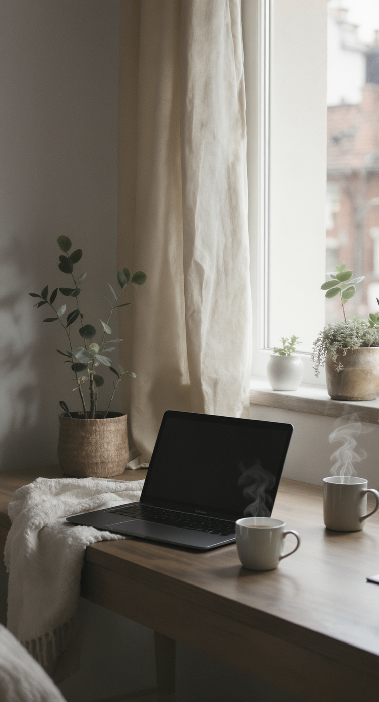 A cozy workspace features a sleek laptop on a wooden desk