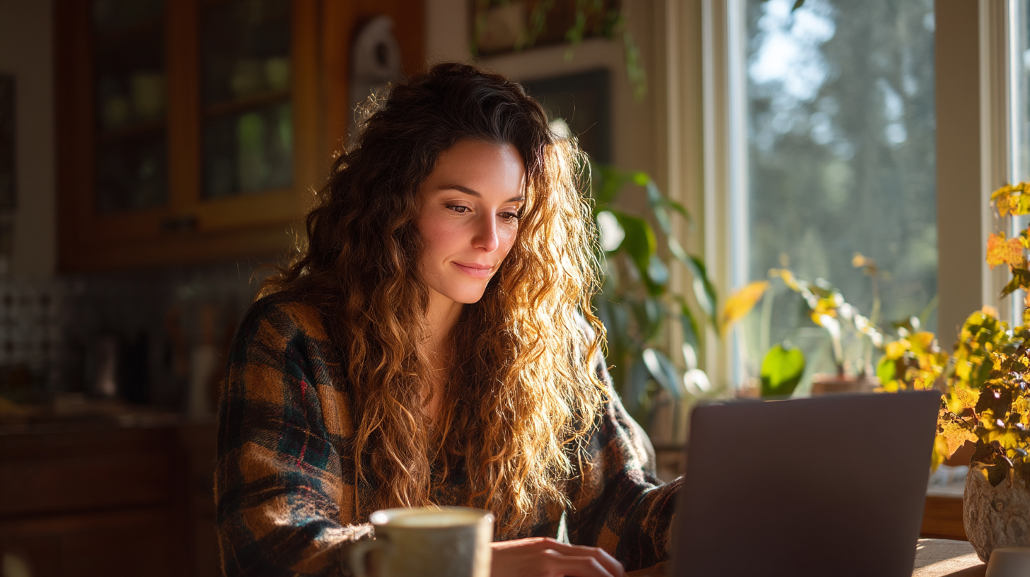 A imagem retrata uma mulher com cabelos cacheados, iluminada pela luz natural que entra pela janela. Ela está sentada em uma mesa de cozinha, focada em um laptop. O ambiente é acolhedor, com plantas e elementos de madeira ao fundo, criando uma atmosfera tranquila e convidativa.