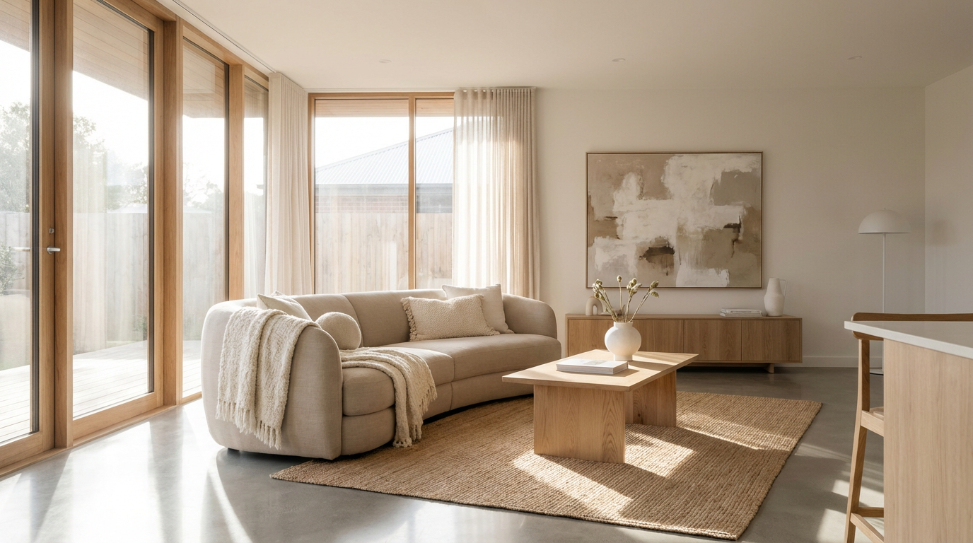 A modern living room features a beige sofa with cozy cushions and a soft throw