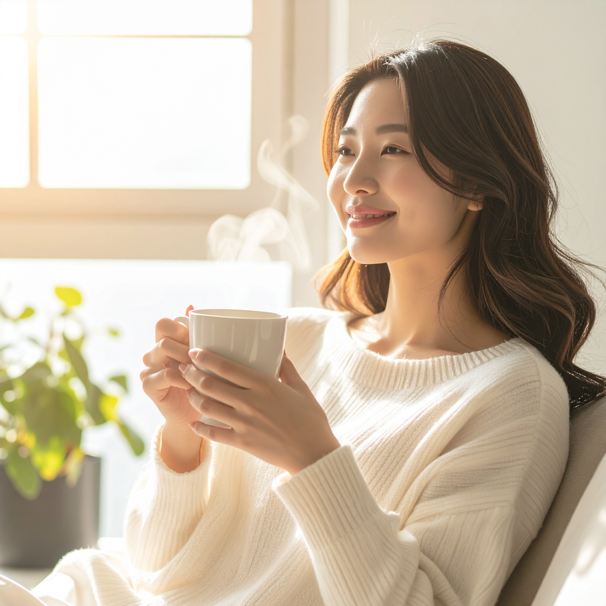 Smiling Woman Holding a Warm Mug in Natural Light