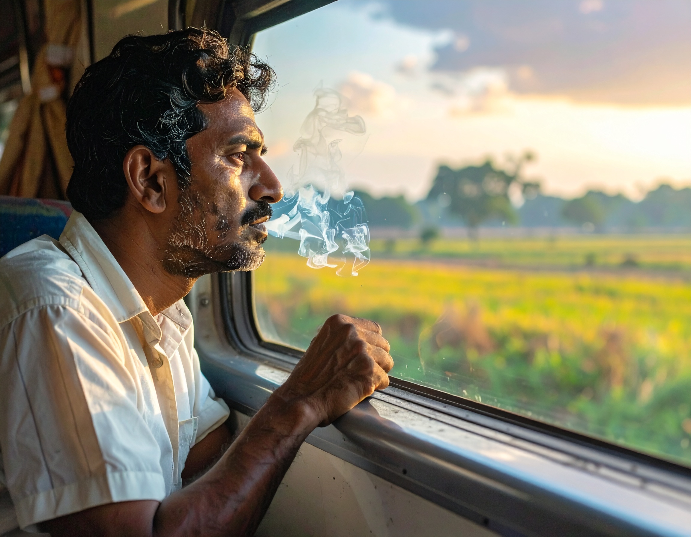 A man gazes thoughtfully out of a train window during sunset, with vibrant fields in the background