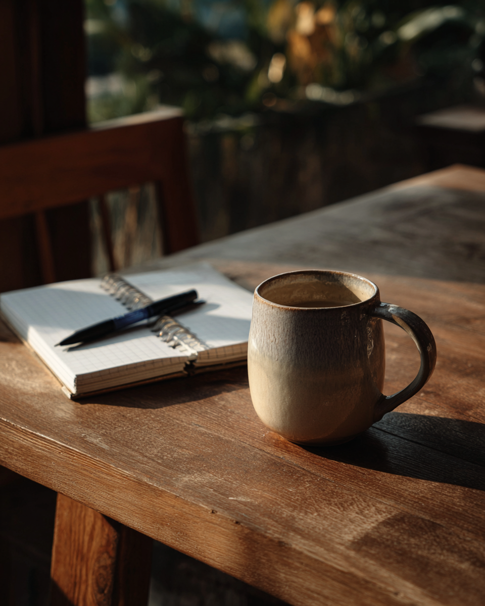 A composição apresenta uma mesa de madeira com uma caneca de cerâmica e um caderno ao lado. A luz suave do sol ilumina a cena, destacando as cores quentes da madeira e os tons neutros da caneca. O caderno, com folhas quadriculadas, é complementado por uma caneta preta em cima dele.