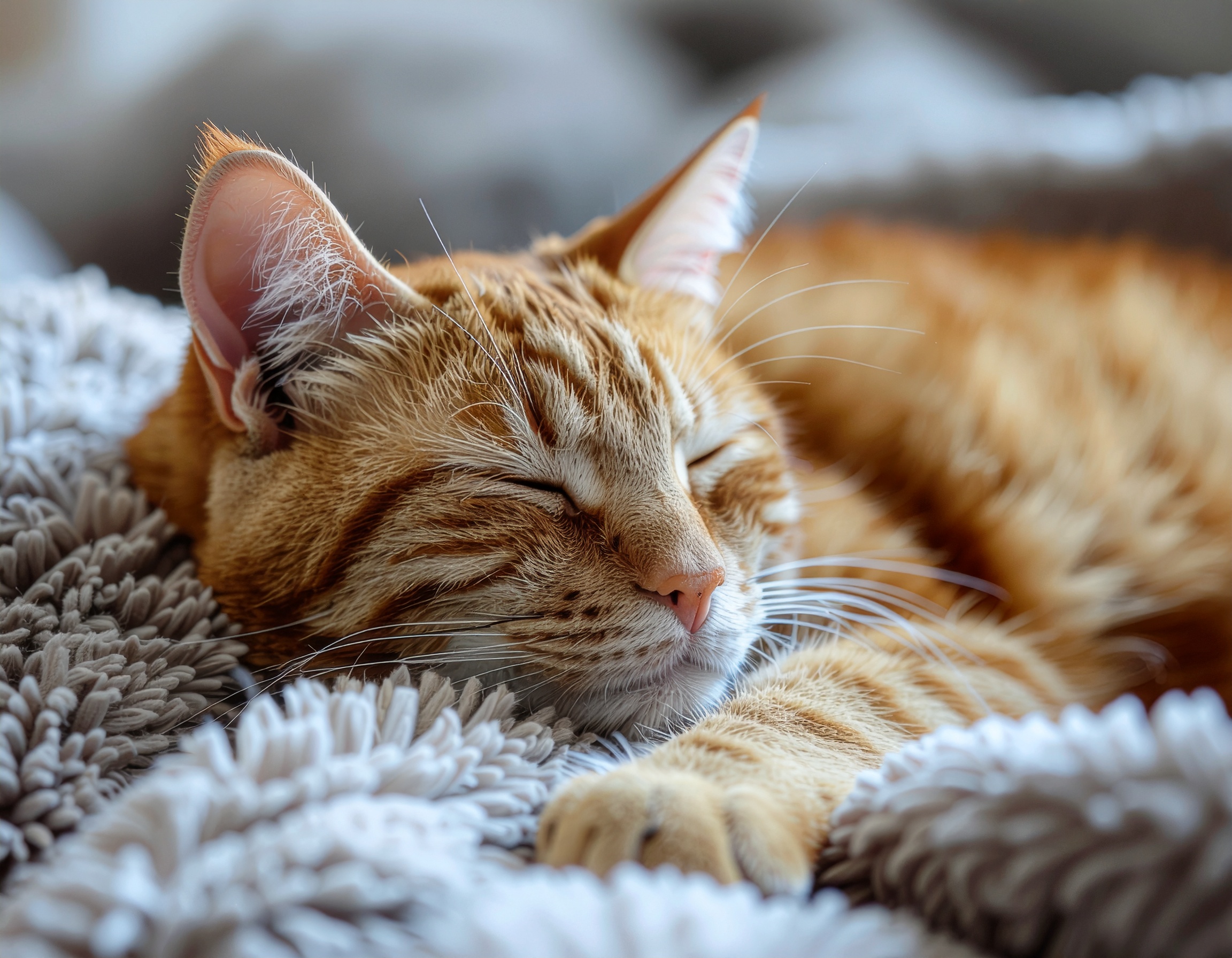 Gato laranja descansando sobre uma manta felpuda cinza, em um close que destaca seus pelos e a textura suave da manta. A iluminação suave e natural cria uma atmosfera de tranquilidade e conforto, com foco nítido no rosto sereno do animal. A composição transmite paz e aconchego, com profundidade de campo que desfoca levemente o fundo.