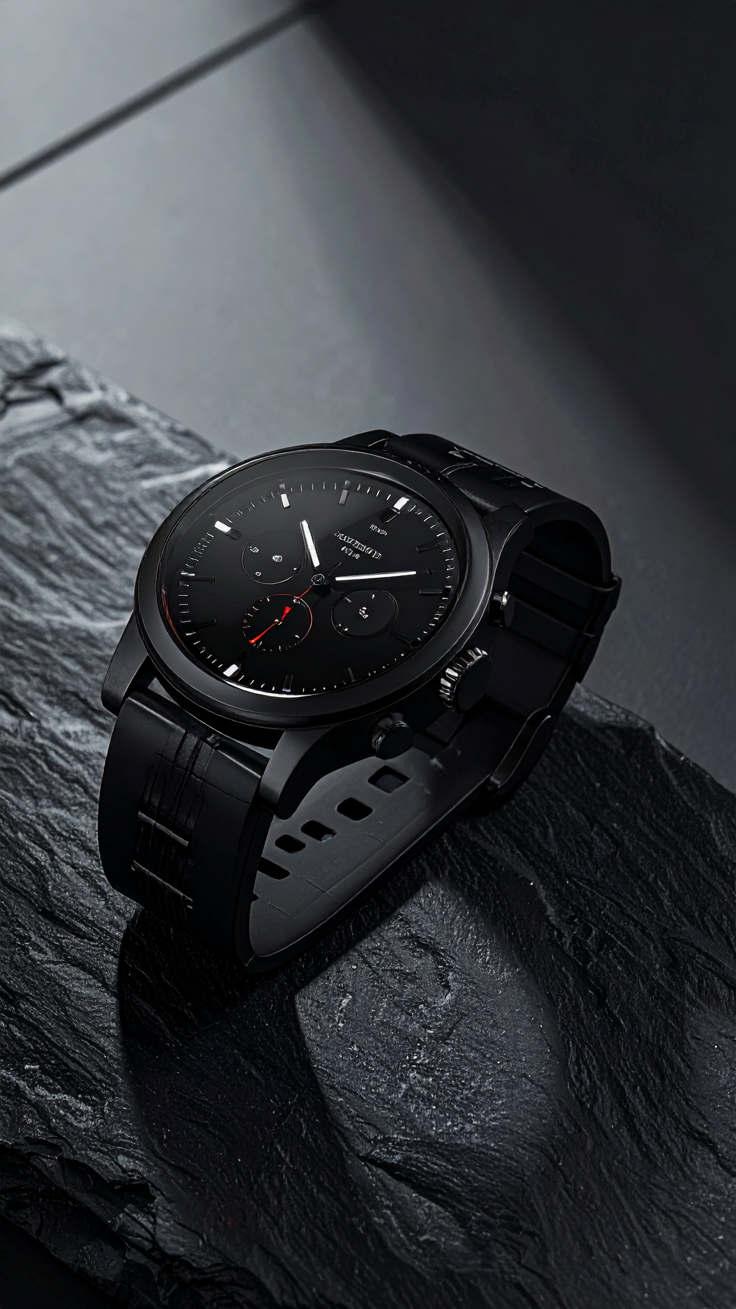A sleek black smartwatch rests on a textured dark slate surface