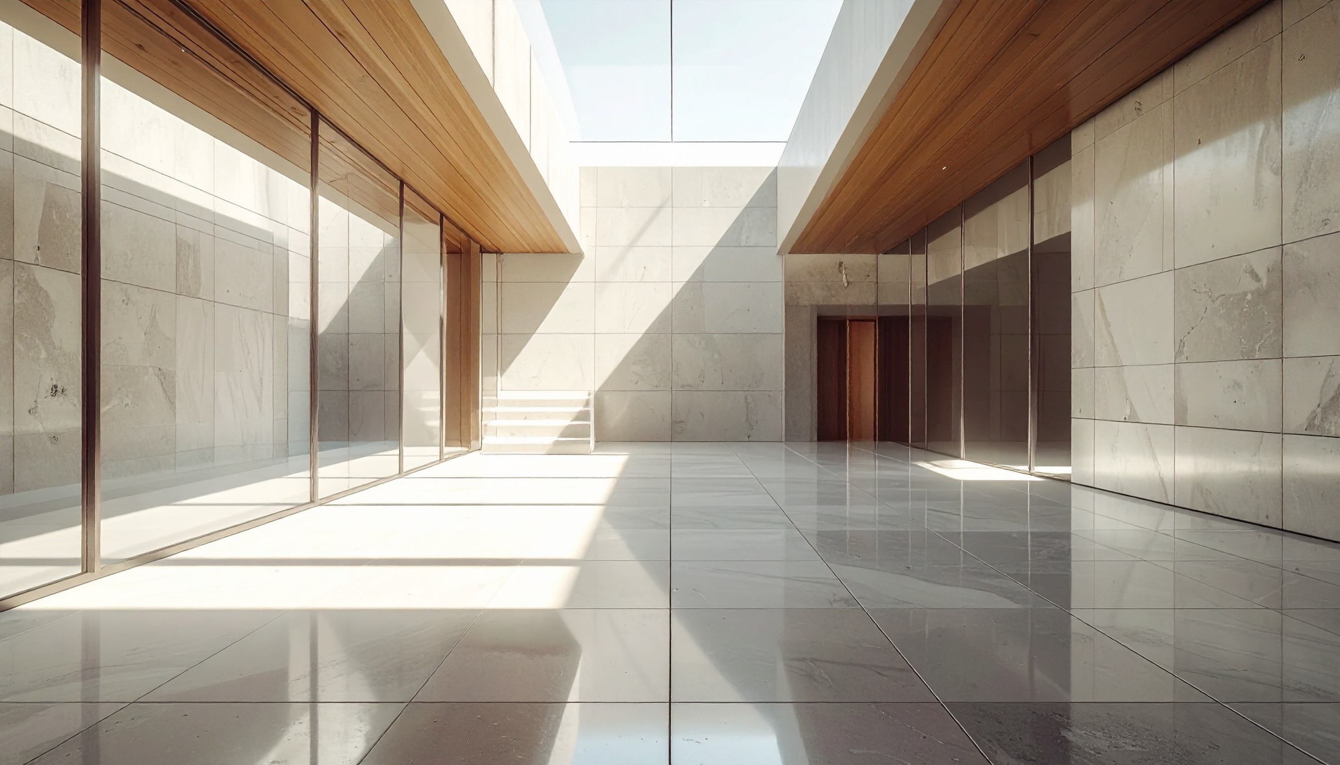 Spacious modern interior with natural light illuminating polished stone floors