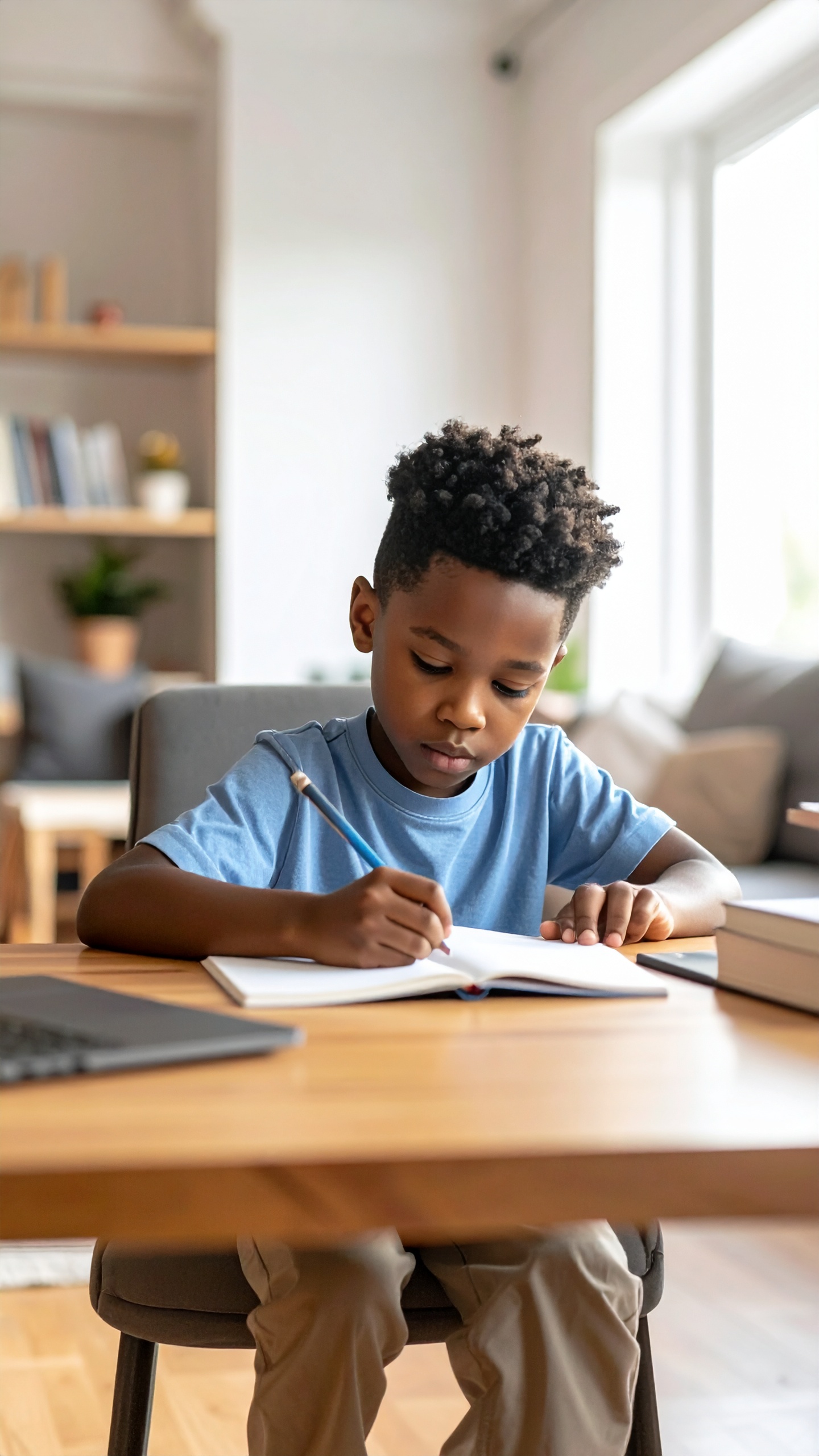 A young boy is focused on his studies at a wooden desk in a bright, modern room